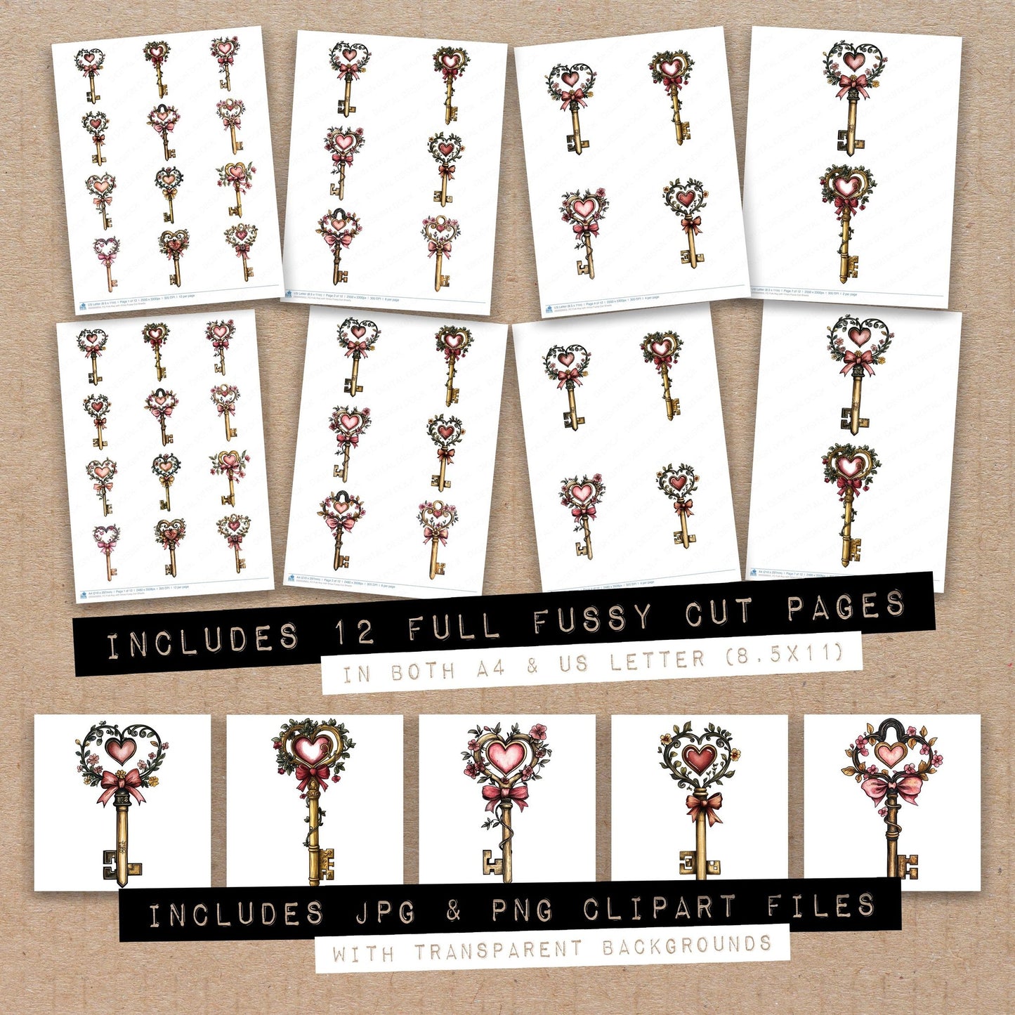 Full collection view of Folk Key with Vines fussy cut sheets with bonus clipart JPG and PNG files