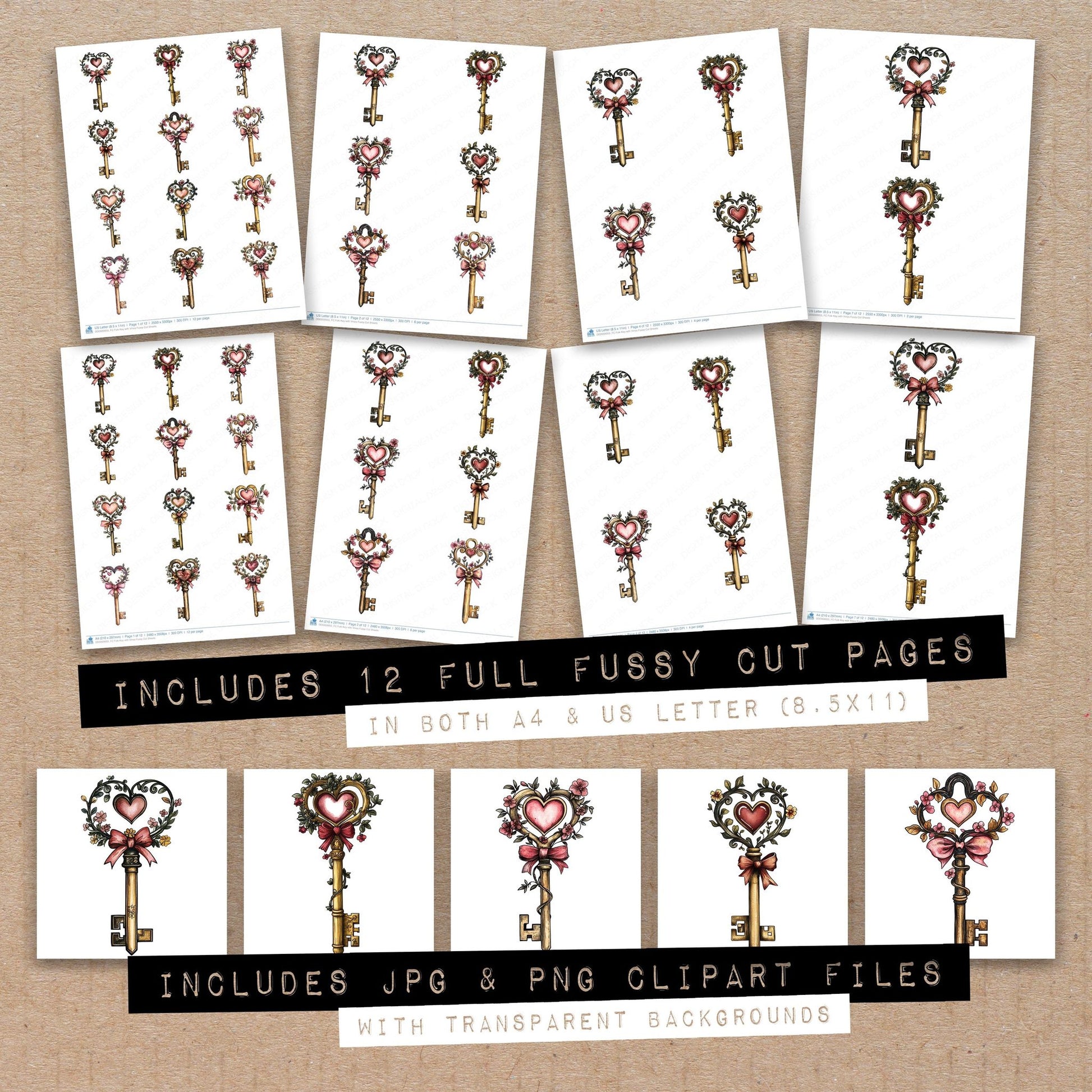 Full collection view of Folk Key with Vines fussy cut sheets with bonus clipart JPG and PNG files