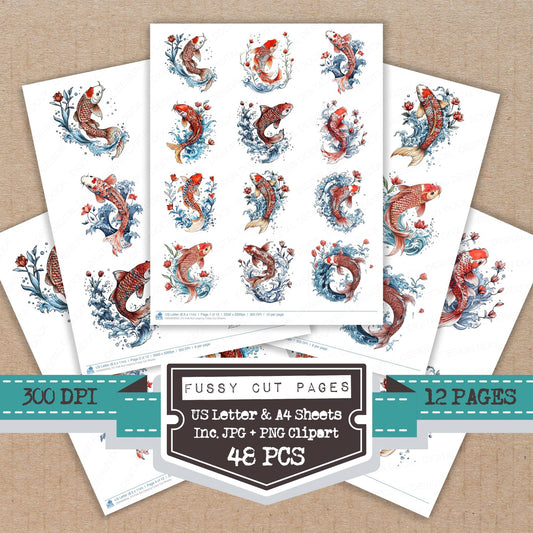 Folk Koi Leaping fussy cut printable sheets for junk journaling, scrapbooking, and paper craft projects
