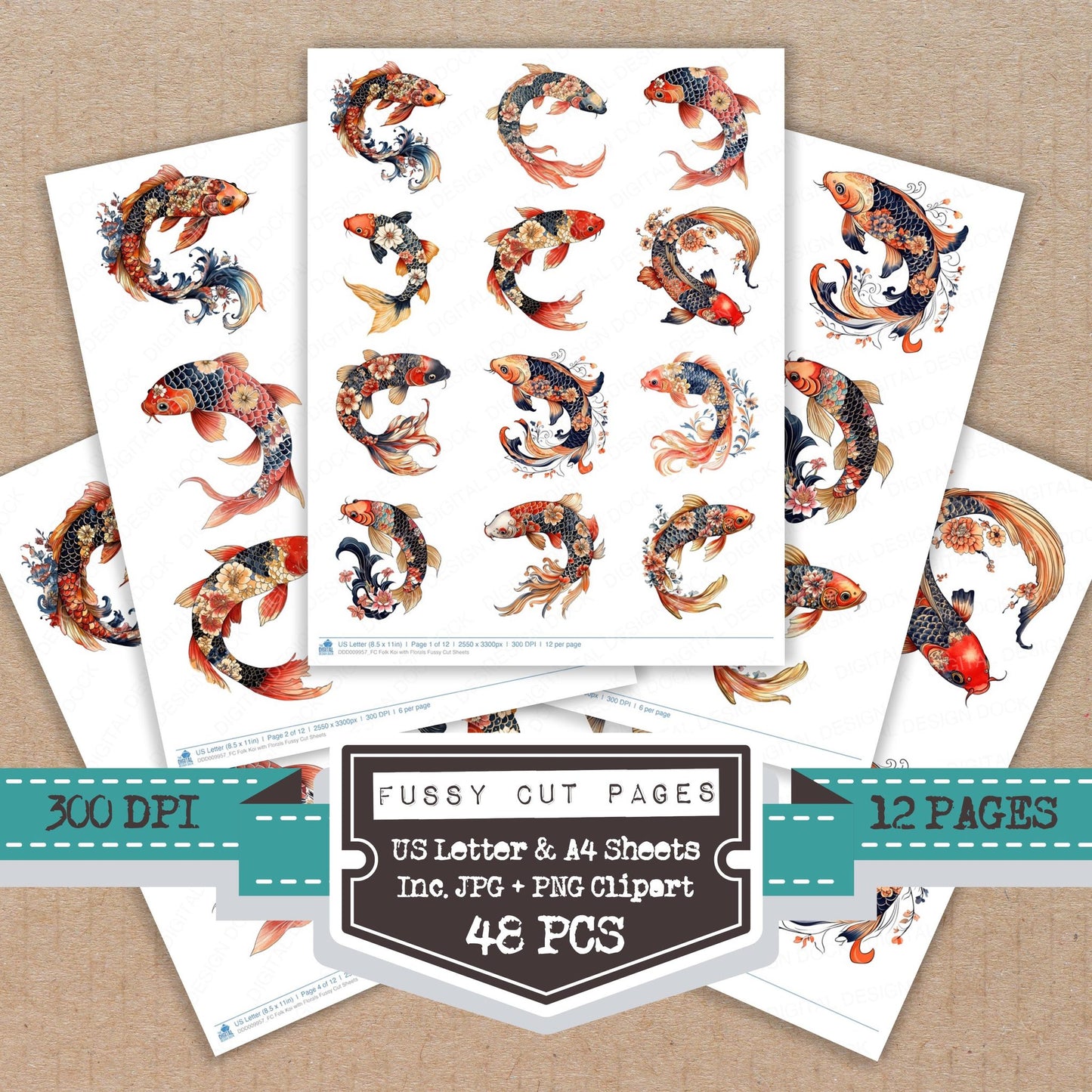 Folk Koi with Florals fussy cut printable sheets for junk journaling, scrapbooking, and paper craft projects