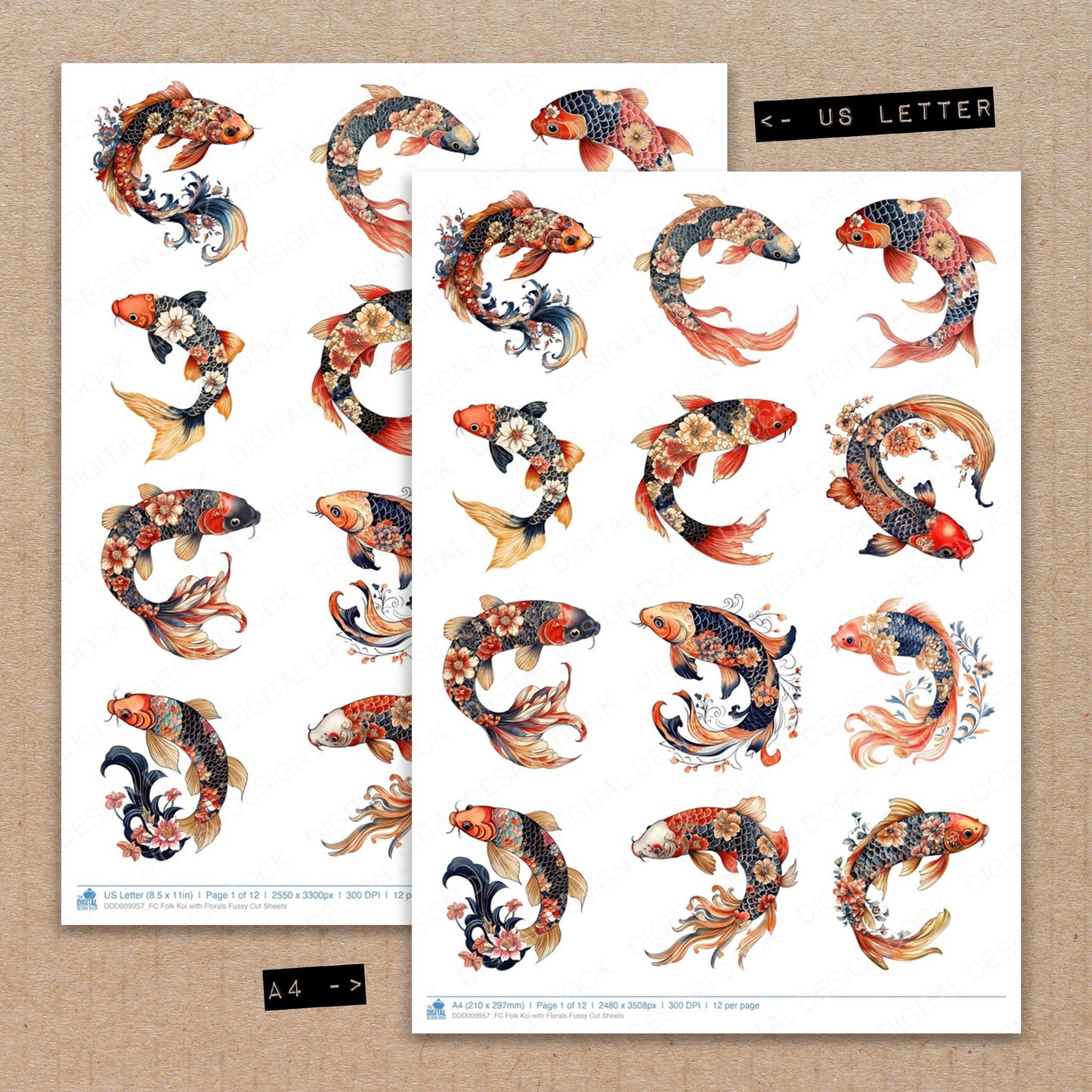 A4 and US Letter format comparison showing Folk Koi with Florals fussy cut pages for print and cut crafting