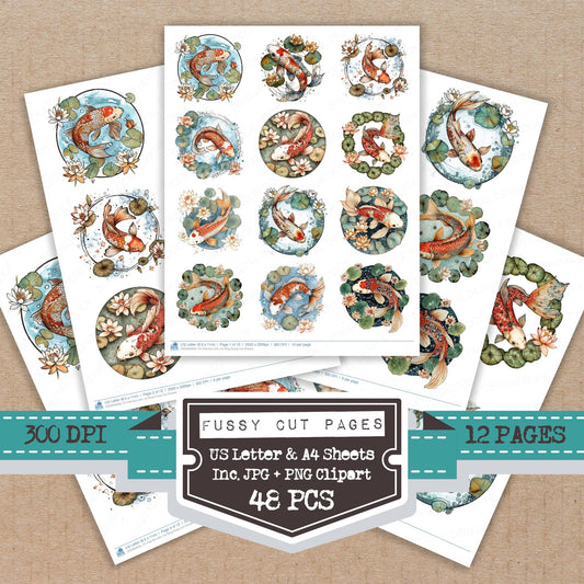 Folk Koi with Lily Ring fussy cut printable sheets for junk journaling, scrapbooking, and paper craft projects
