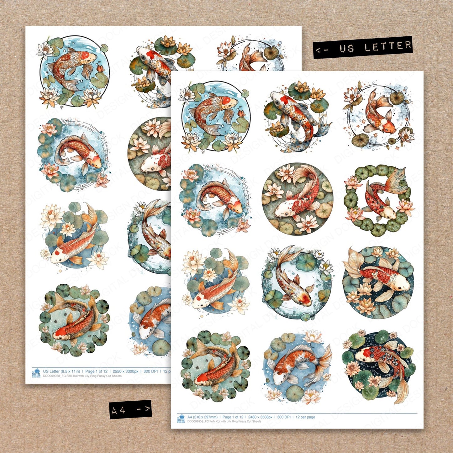 A4 and US Letter format comparison showing Folk Koi with Lily Ring fussy cut pages for print and cut crafting