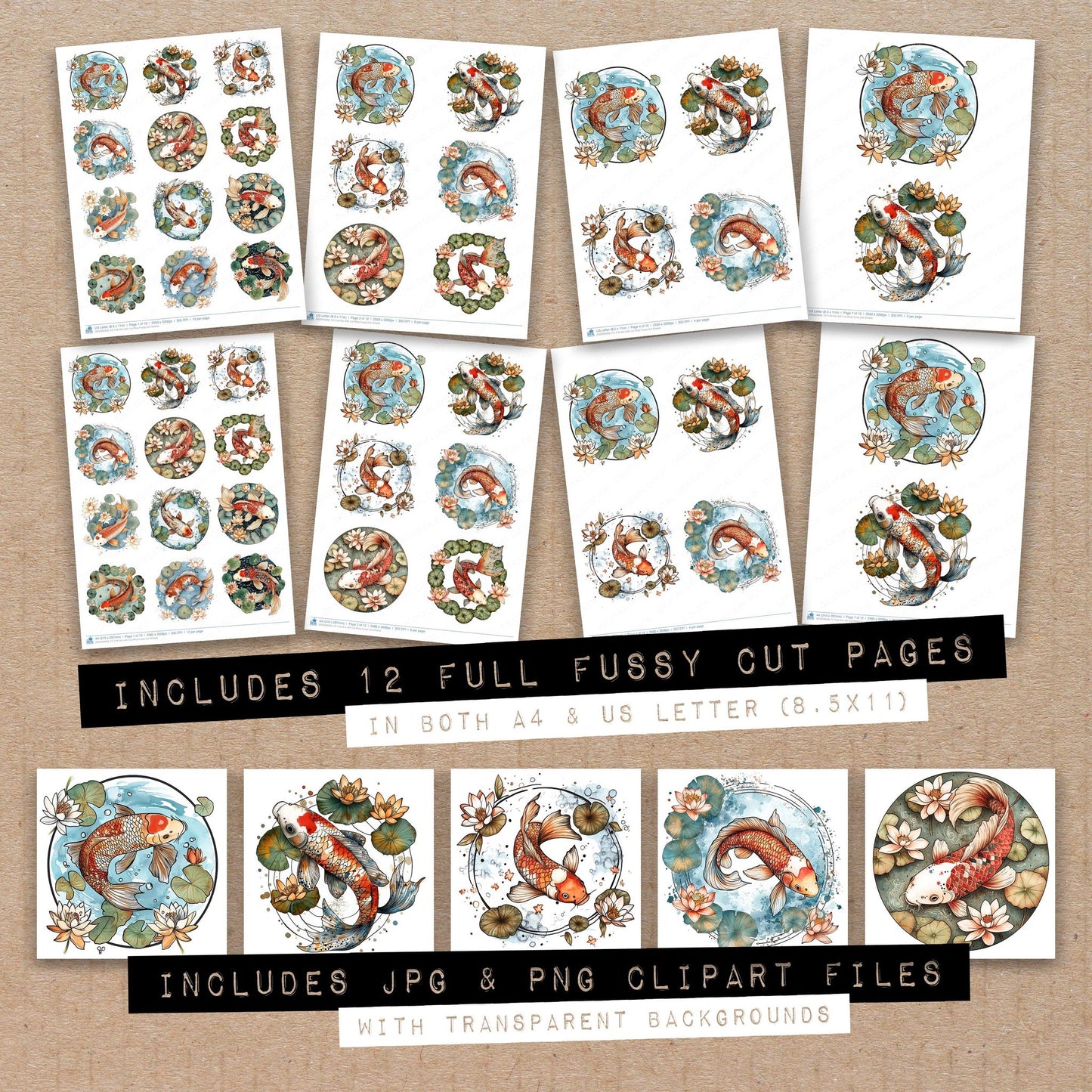 Full collection view of Folk Koi with Lily Ring fussy cut sheets with bonus clipart JPG and PNG files