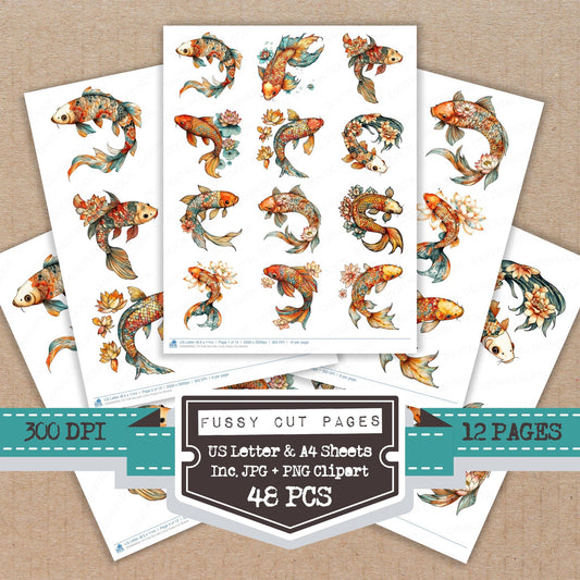 Folk Koi with Lotus fussy cut printable sheets for junk journaling, scrapbooking, and paper craft projects