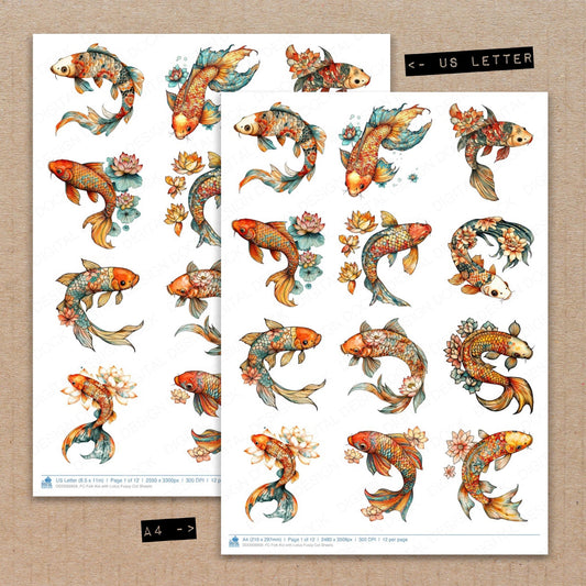 A4 and US Letter format comparison showing Folk Koi with Lotus fussy cut pages for print and cut crafting
