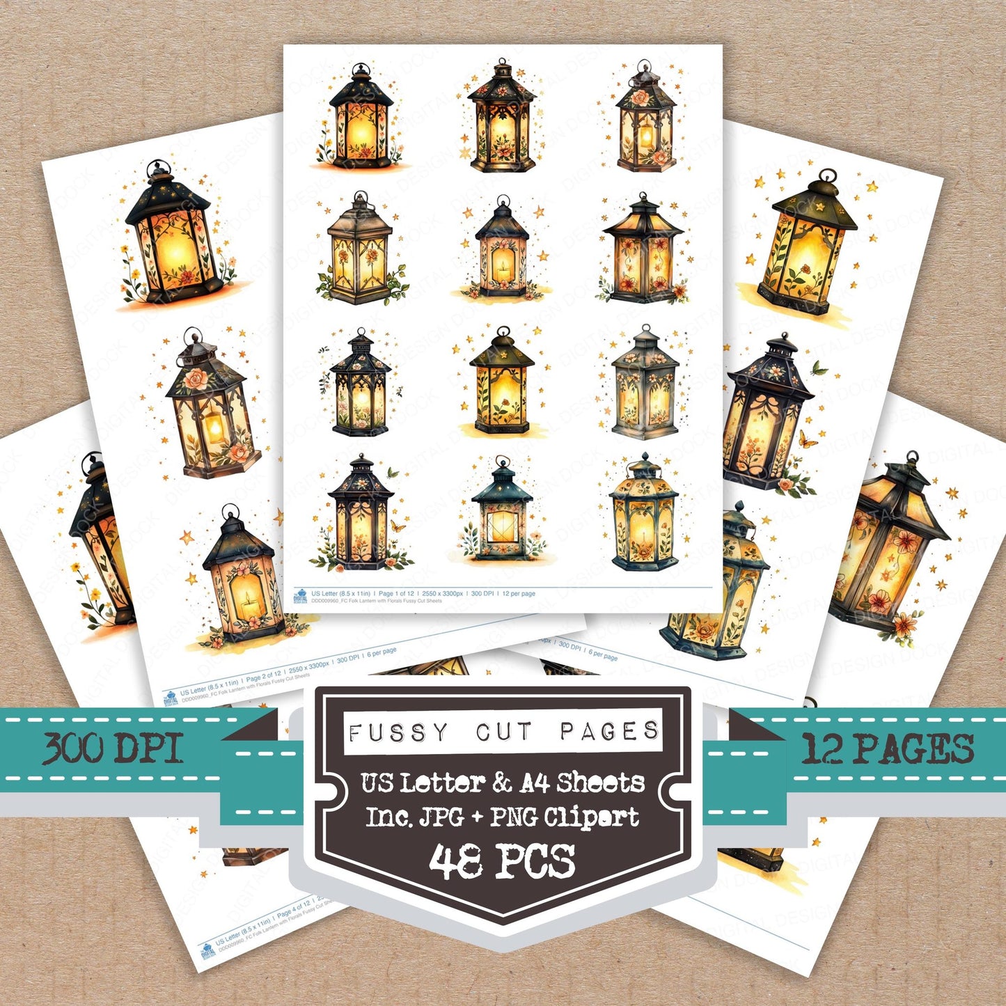 Folk Lantern with Florals fussy cut printable sheets for junk journaling, scrapbooking, and paper craft projects