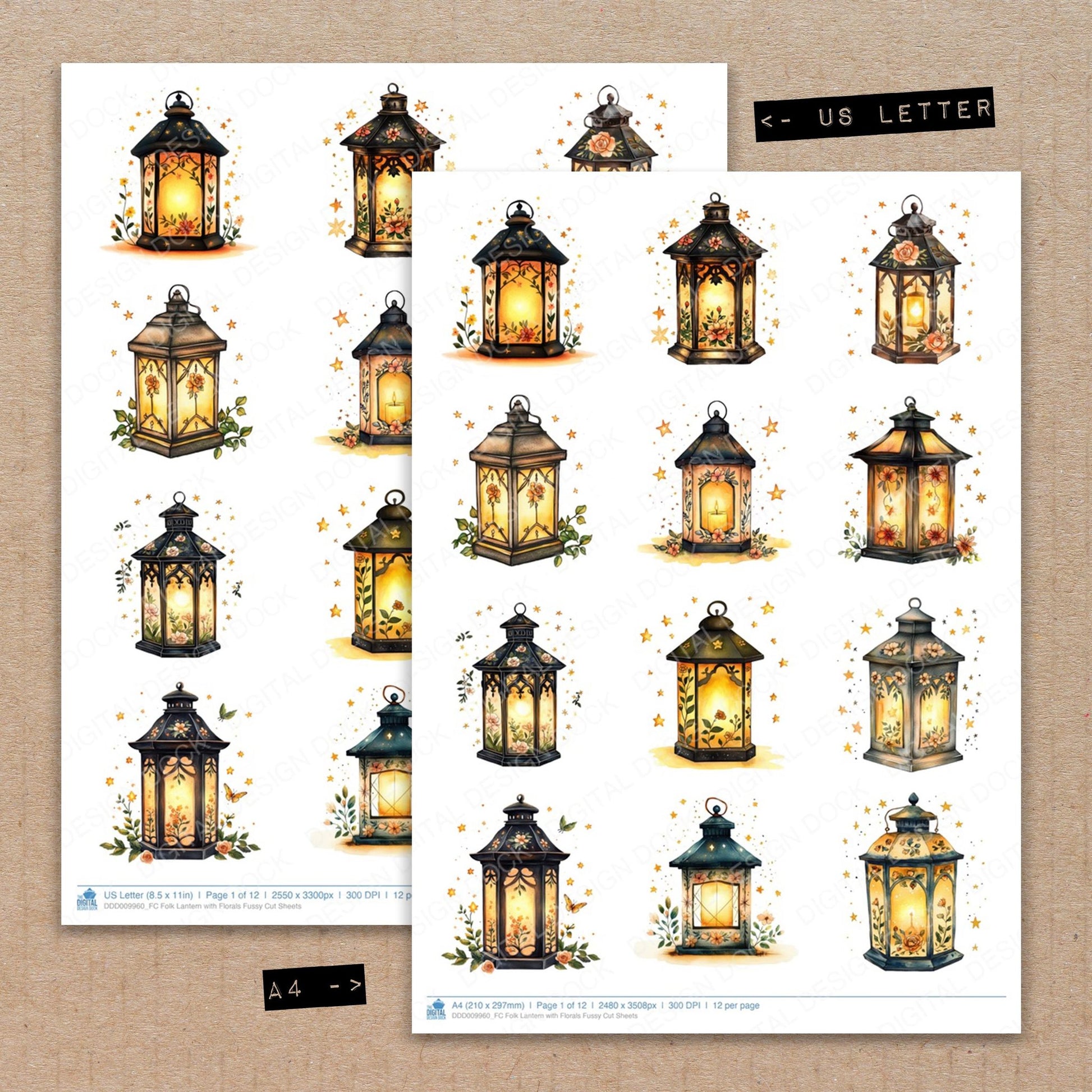 A4 and US Letter format comparison showing Folk Lantern with Florals fussy cut pages for print and cut crafting