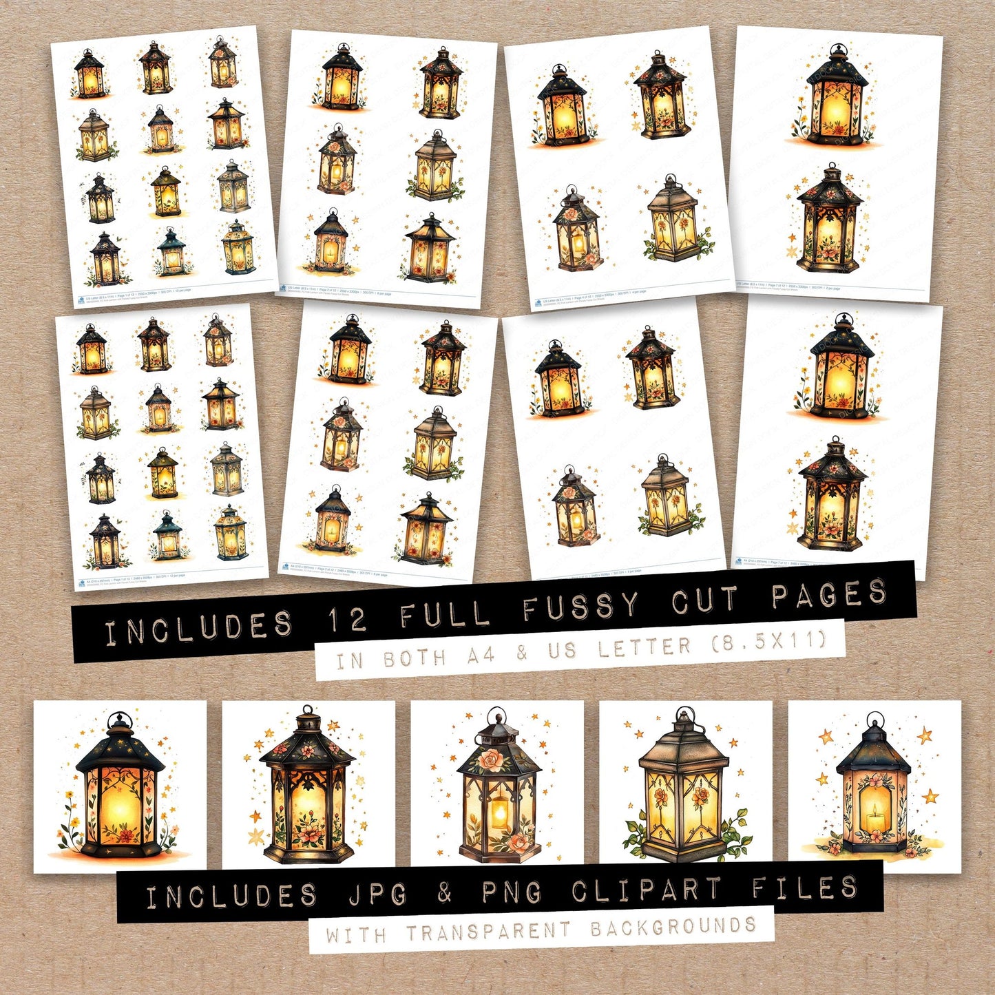 Full collection view of Folk Lantern with Florals fussy cut sheets with bonus clipart JPG and PNG files