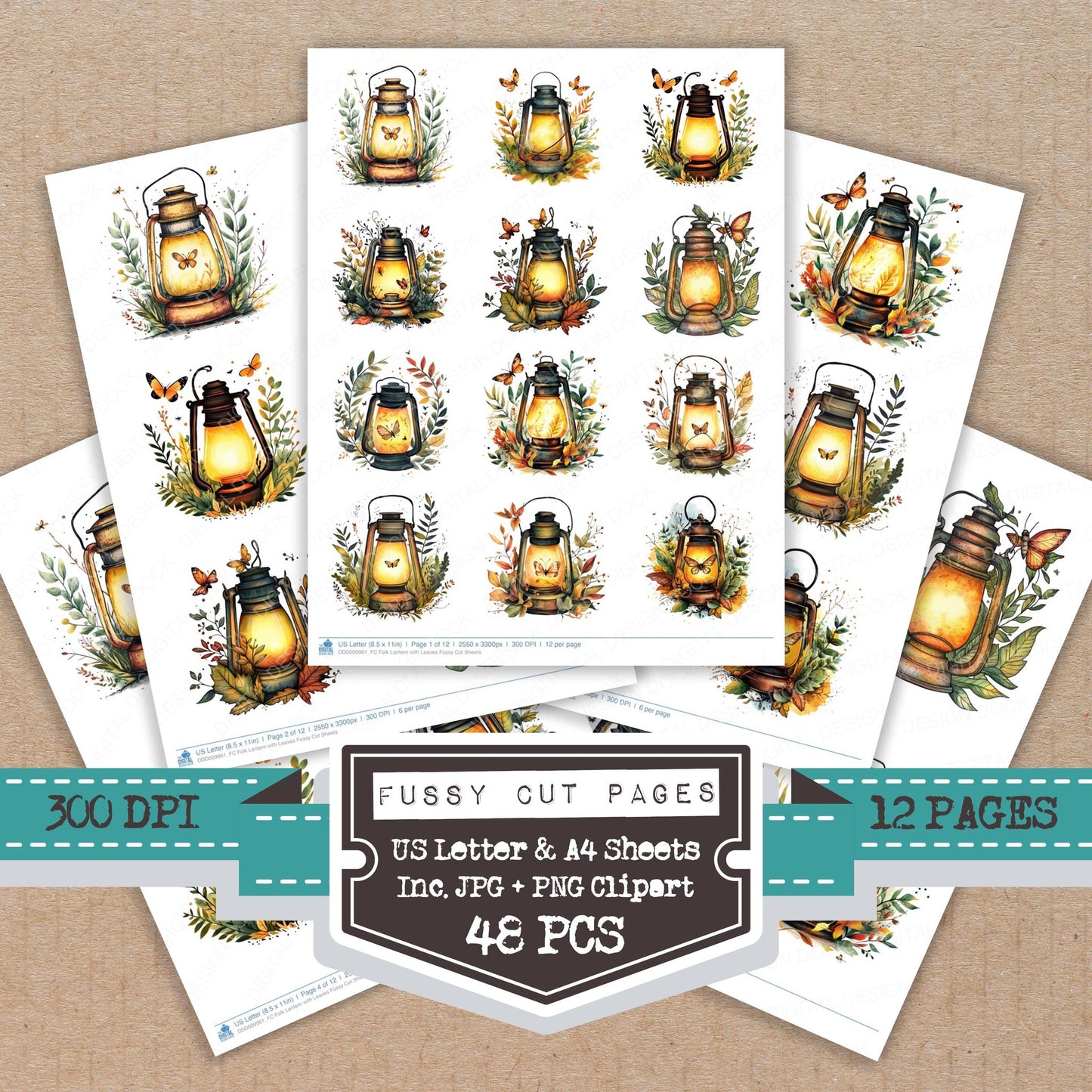 Folk Lantern with Leaves fussy cut printable sheets for junk journaling, scrapbooking, and paper craft projects