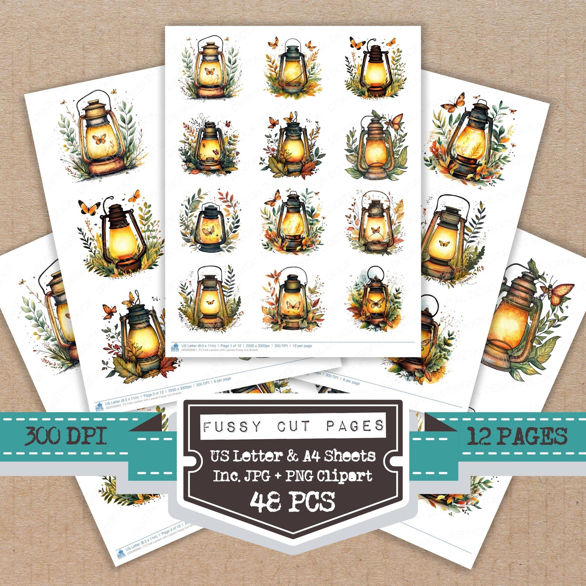 Folk Lantern with Leaves fussy cut printable sheets for junk journaling, scrapbooking, and paper craft projects