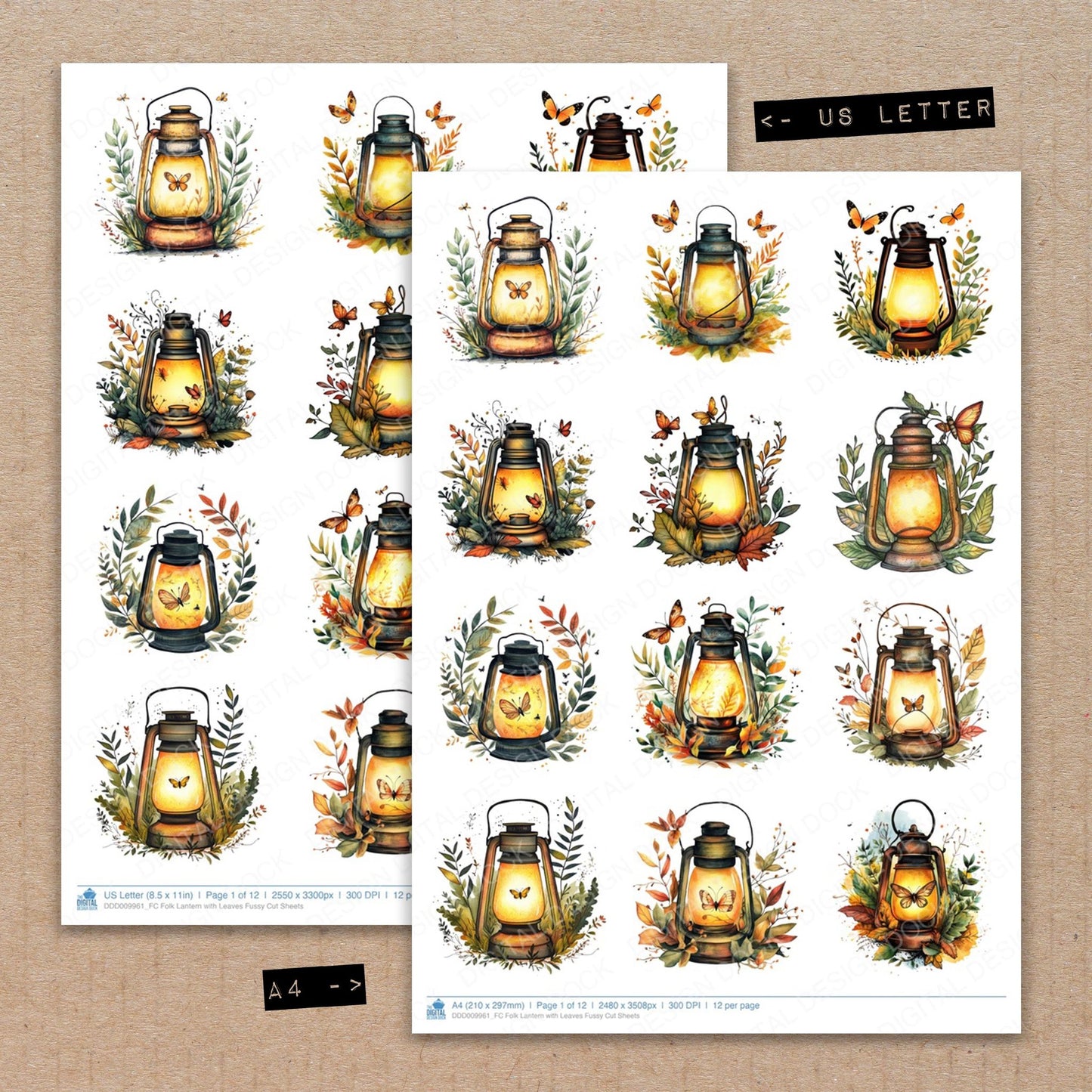 A4 and US Letter format comparison showing Folk Lantern with Leaves fussy cut pages for print and cut crafting