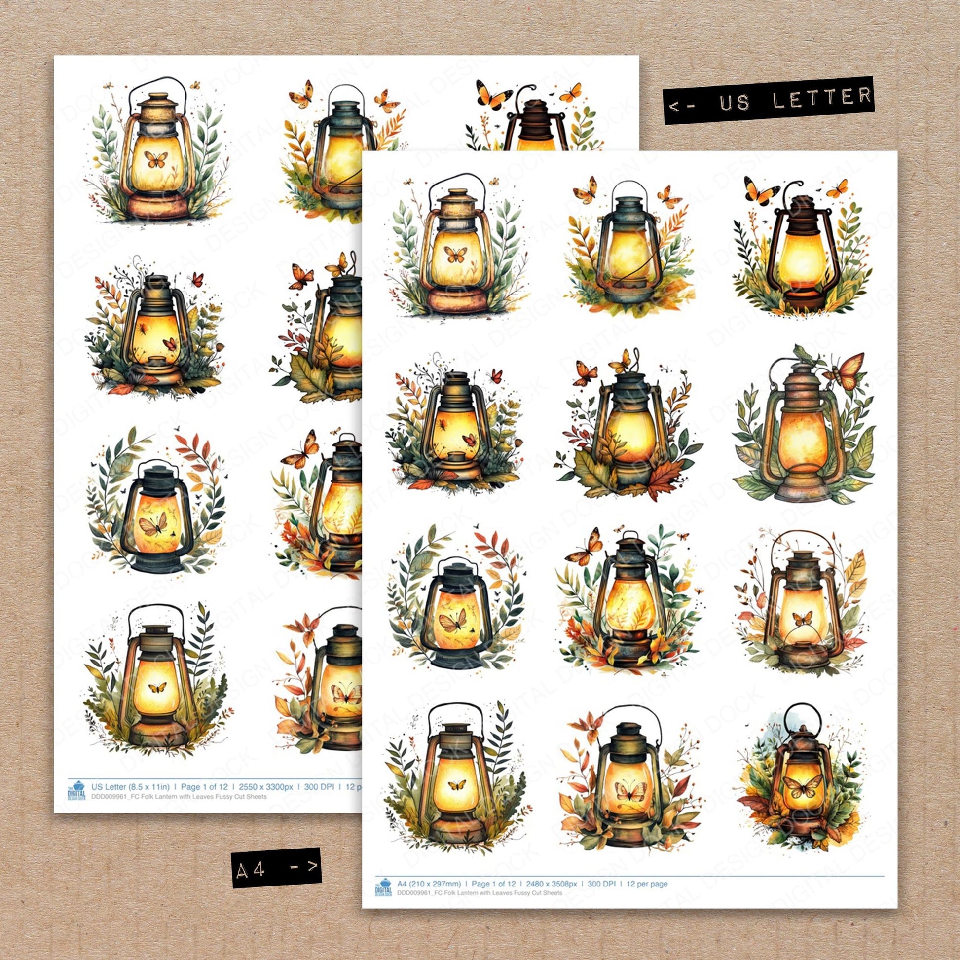 A4 and US Letter format comparison showing Folk Lantern with Leaves fussy cut pages for print and cut crafting