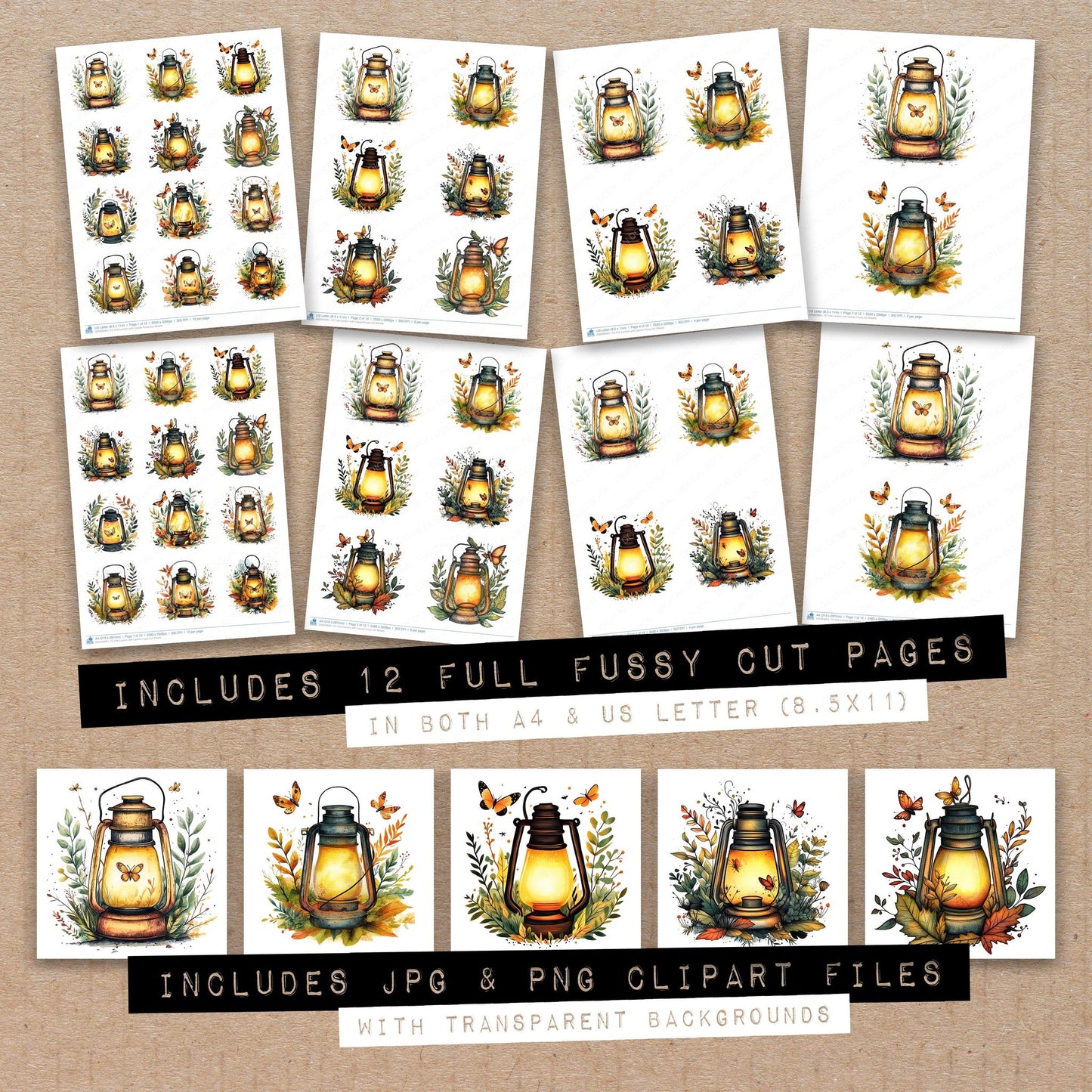 Full collection view of Folk Lantern with Leaves fussy cut sheets with bonus clipart JPG and PNG files