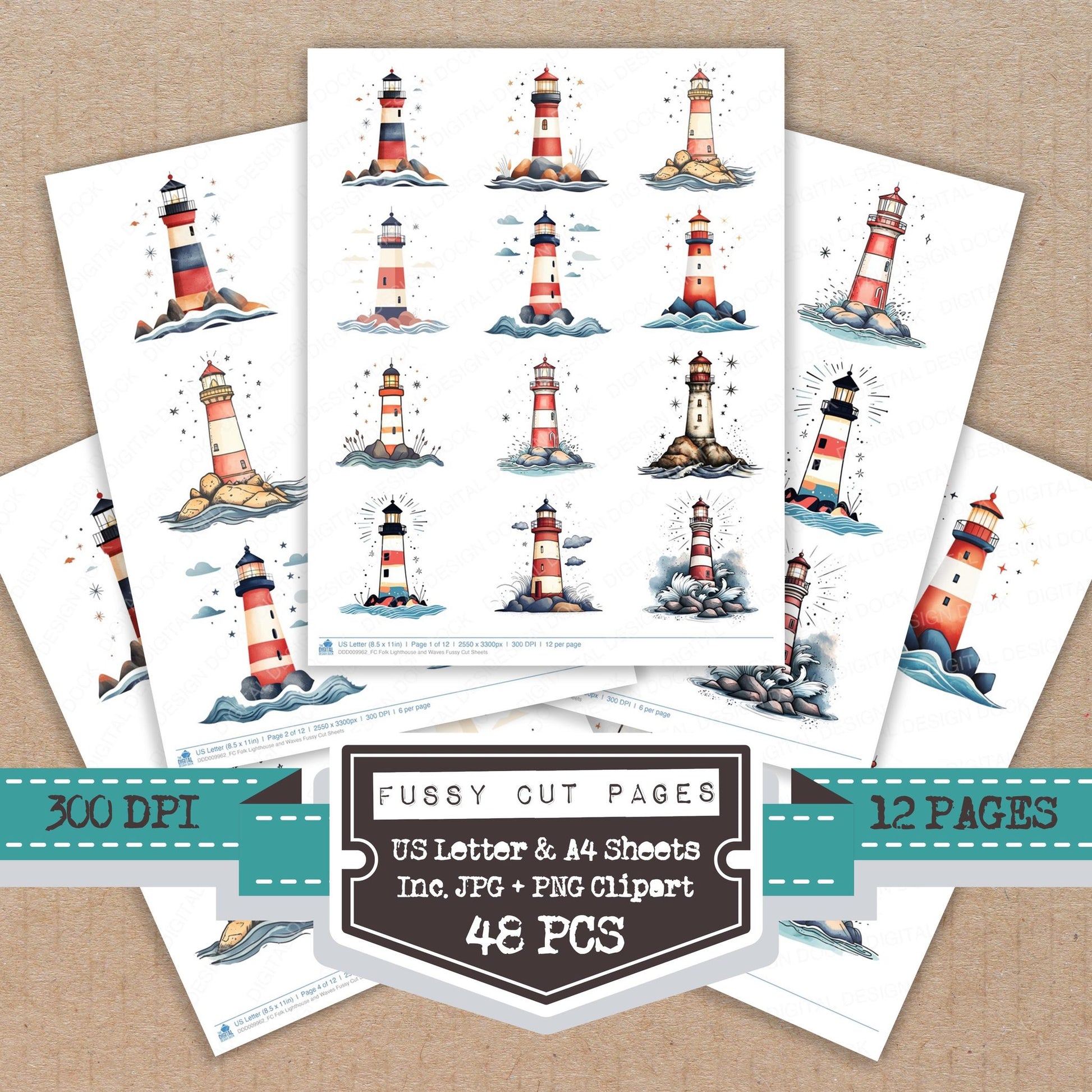 Folk Lighthouse and Waves fussy cut printable sheets for junk journaling, scrapbooking, and paper craft projects