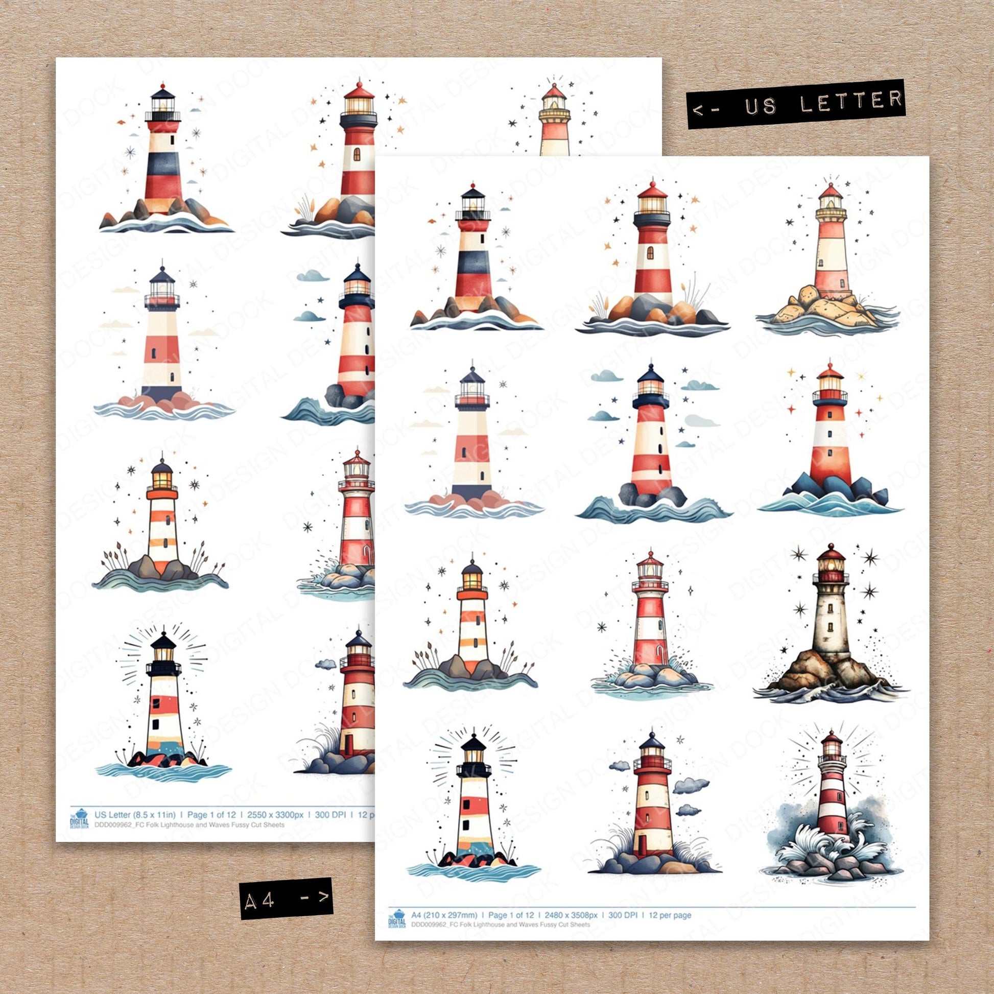 A4 and US Letter format comparison showing Folk Lighthouse and Waves fussy cut pages for print and cut crafting
