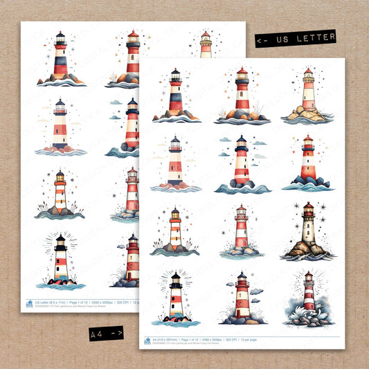 A4 and US Letter format comparison showing Folk Lighthouse and Waves fussy cut pages for print and cut crafting