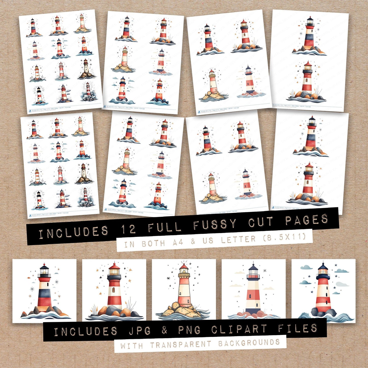 Full collection view of Folk Lighthouse and Waves fussy cut sheets with bonus clipart JPG and PNG files