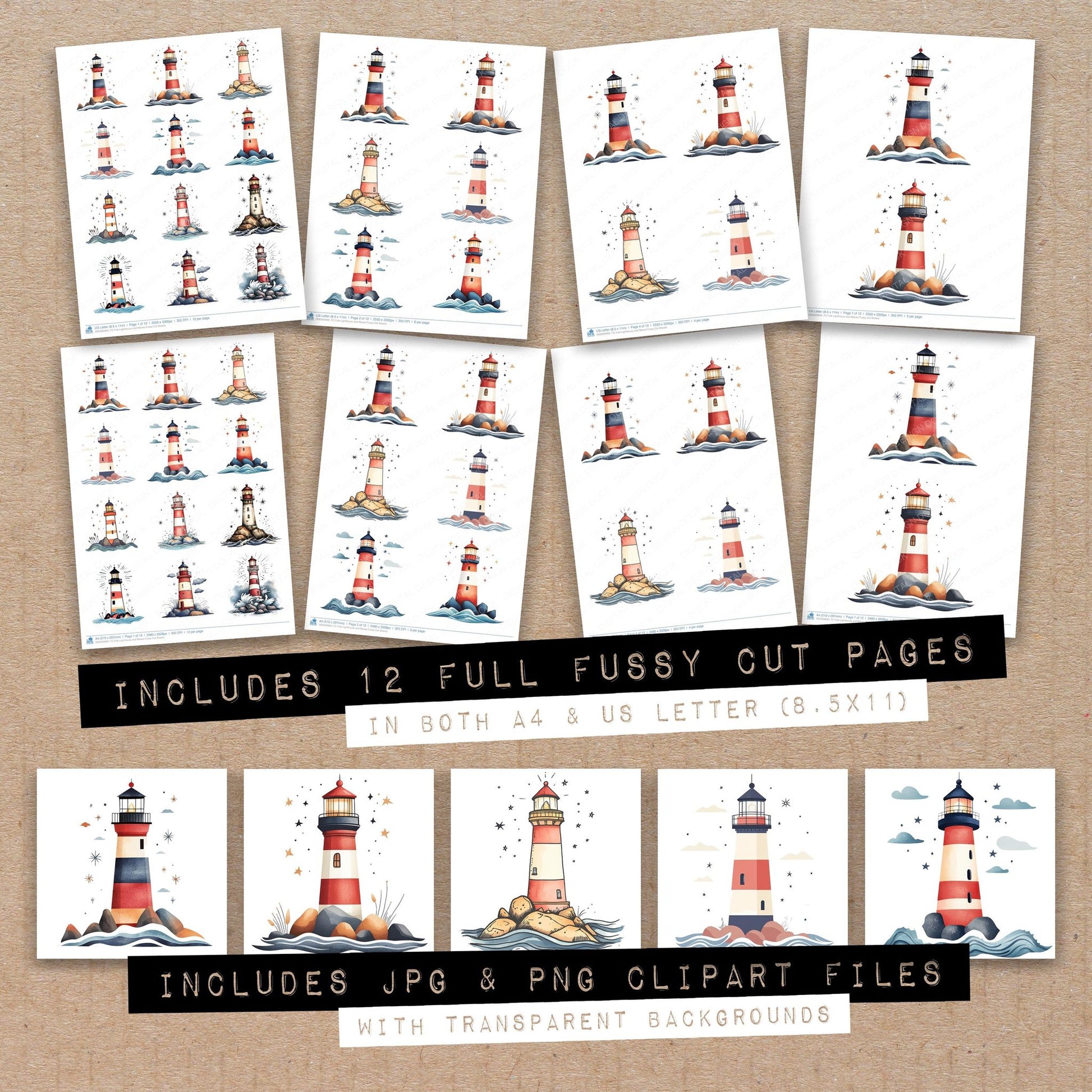 Full collection view of Folk Lighthouse and Waves fussy cut sheets with bonus clipart JPG and PNG files