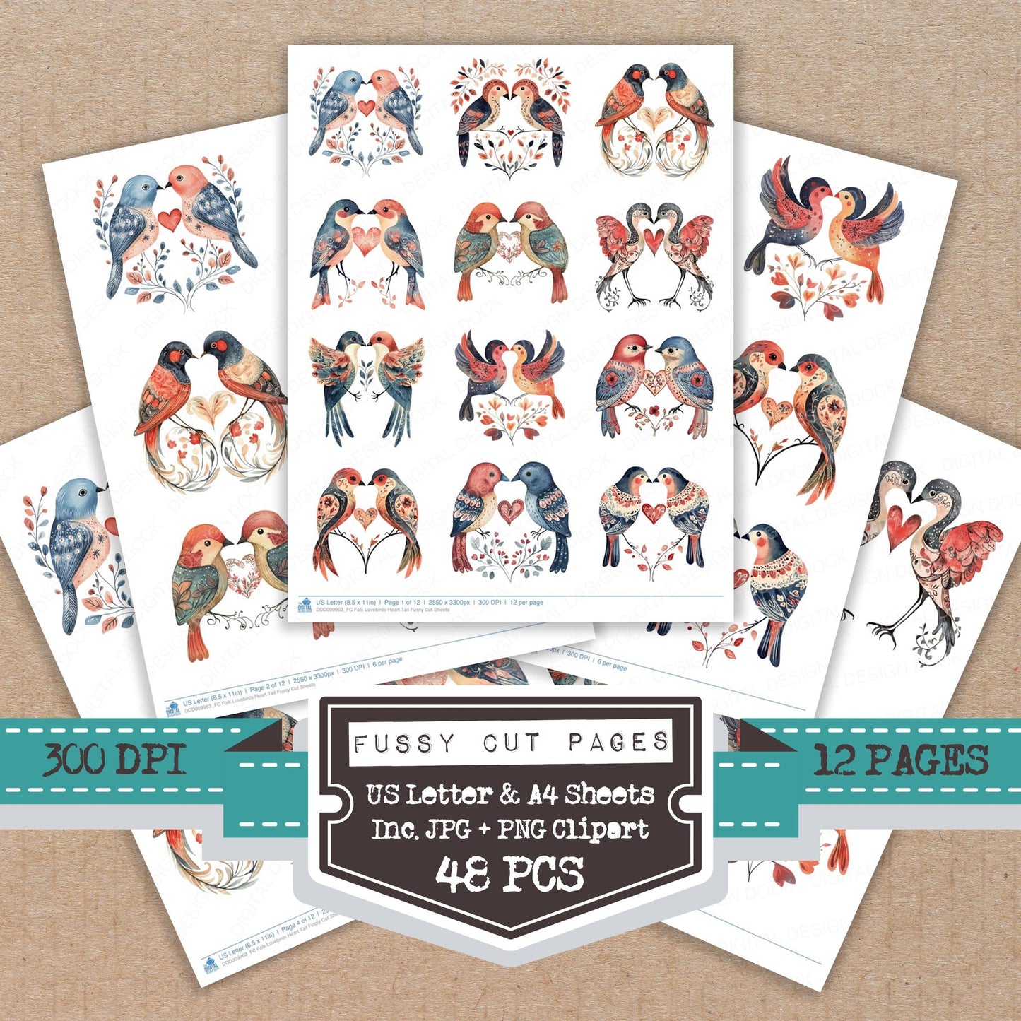 Folk Lovebirds Heart Tail fussy cut printable sheets for junk journaling, scrapbooking, and paper craft projects