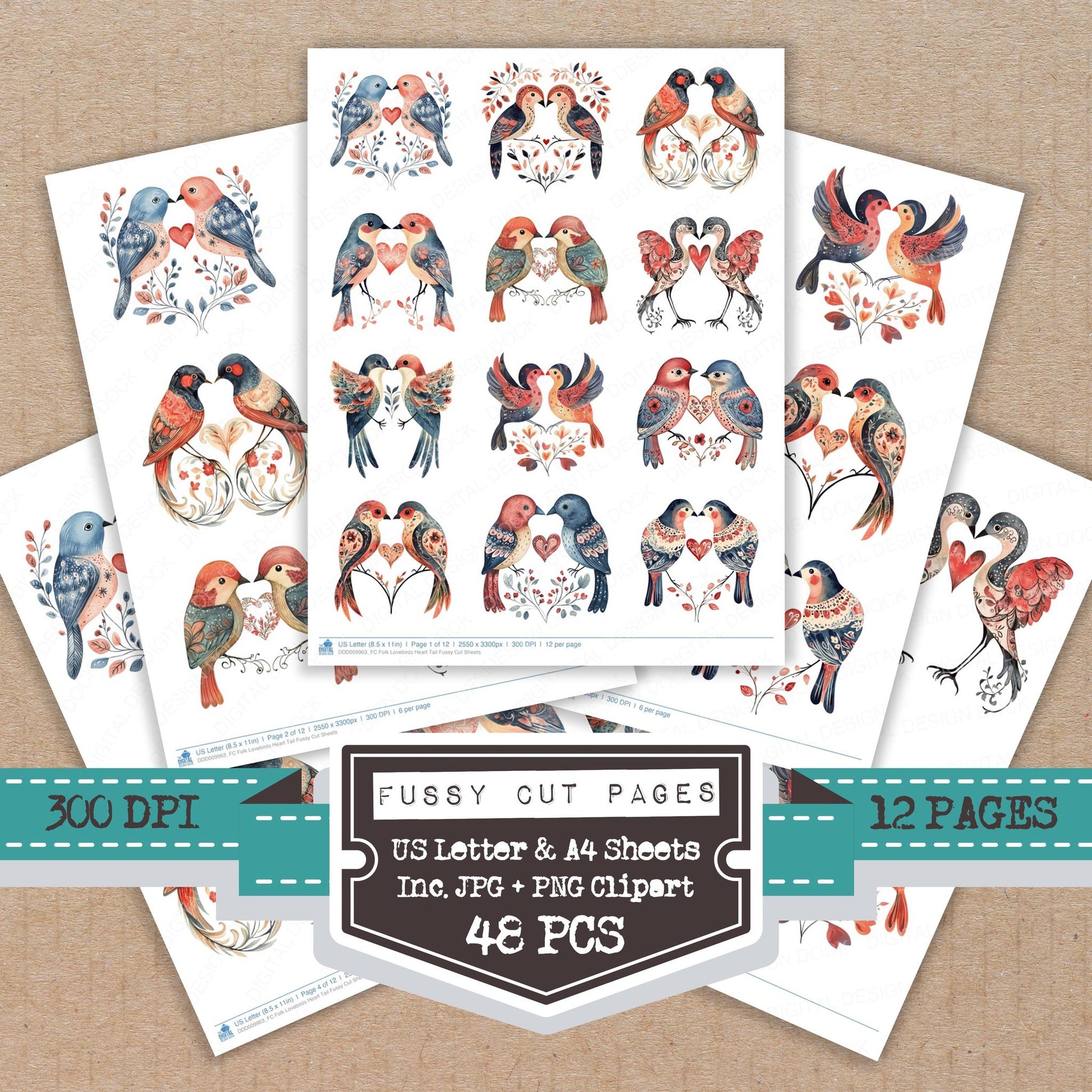 Folk Lovebirds Heart Tail fussy cut printable sheets for junk journaling, scrapbooking, and paper craft projects