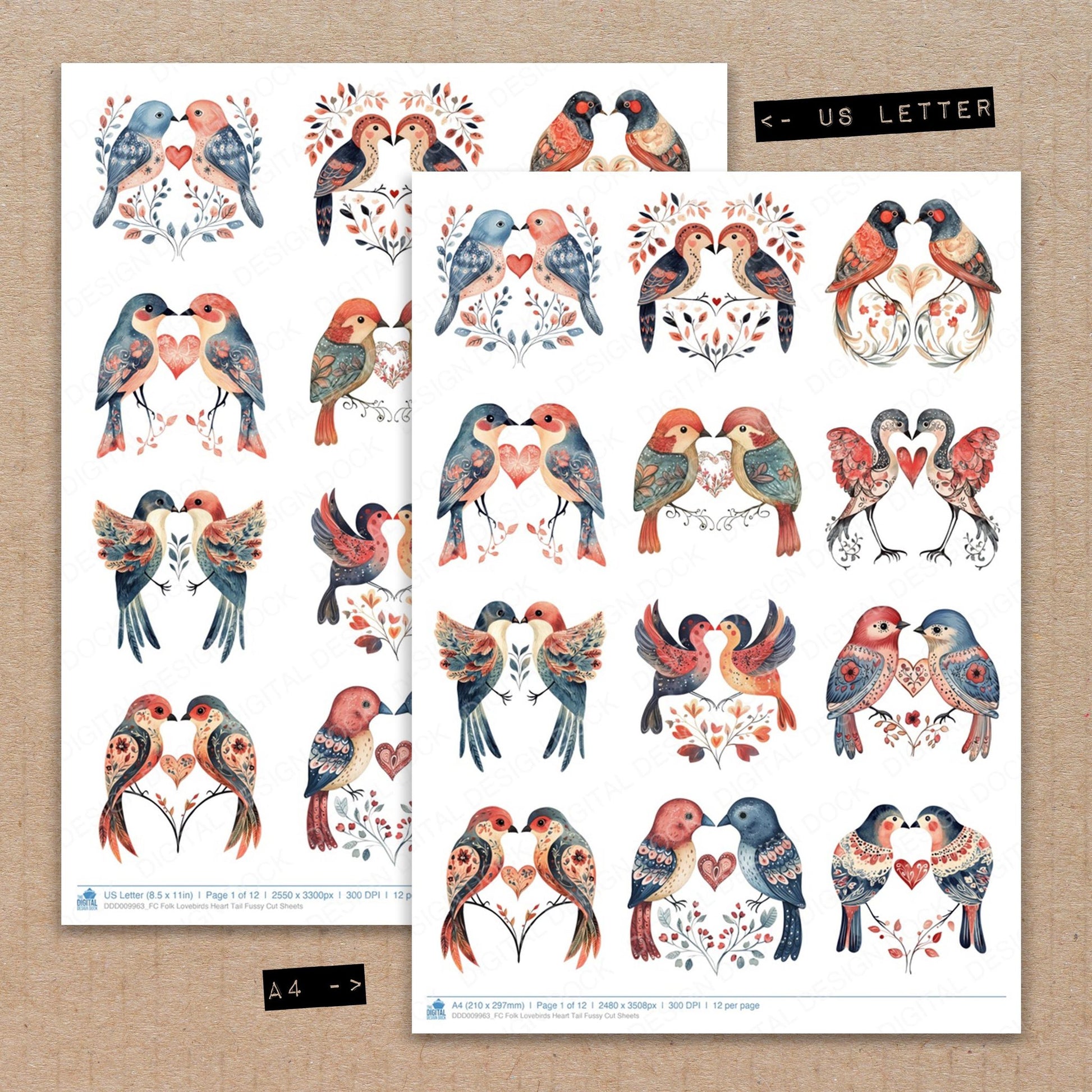 A4 and US Letter format comparison showing Folk Lovebirds Heart Tail fussy cut pages for print and cut crafting