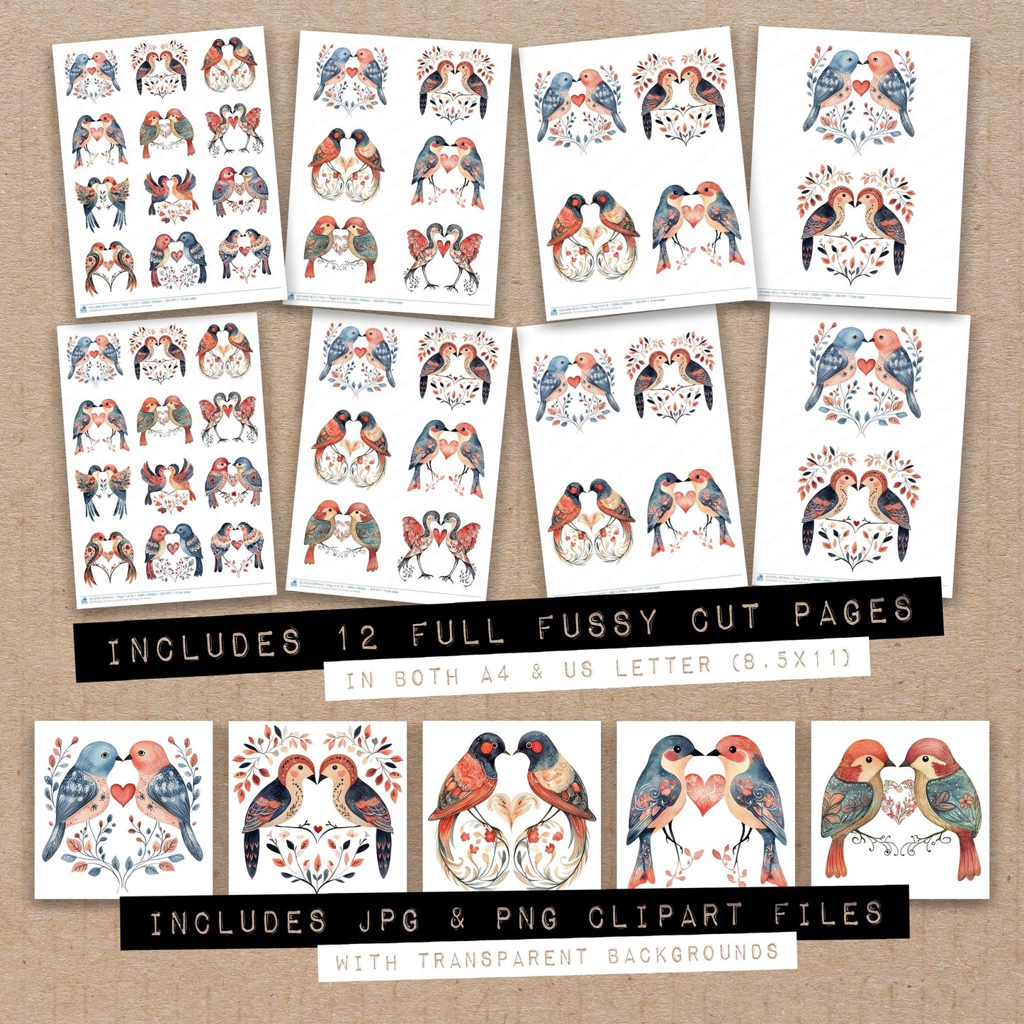 Full collection view of Folk Lovebirds Heart Tail fussy cut sheets with bonus clipart JPG and PNG files