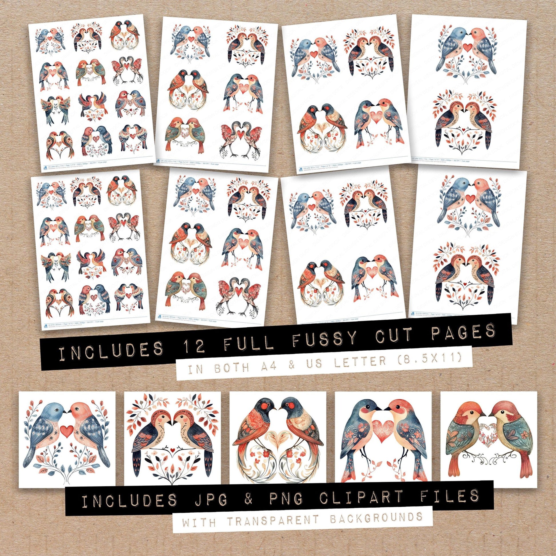 Full collection view of Folk Lovebirds Heart Tail fussy cut sheets with bonus clipart JPG and PNG files