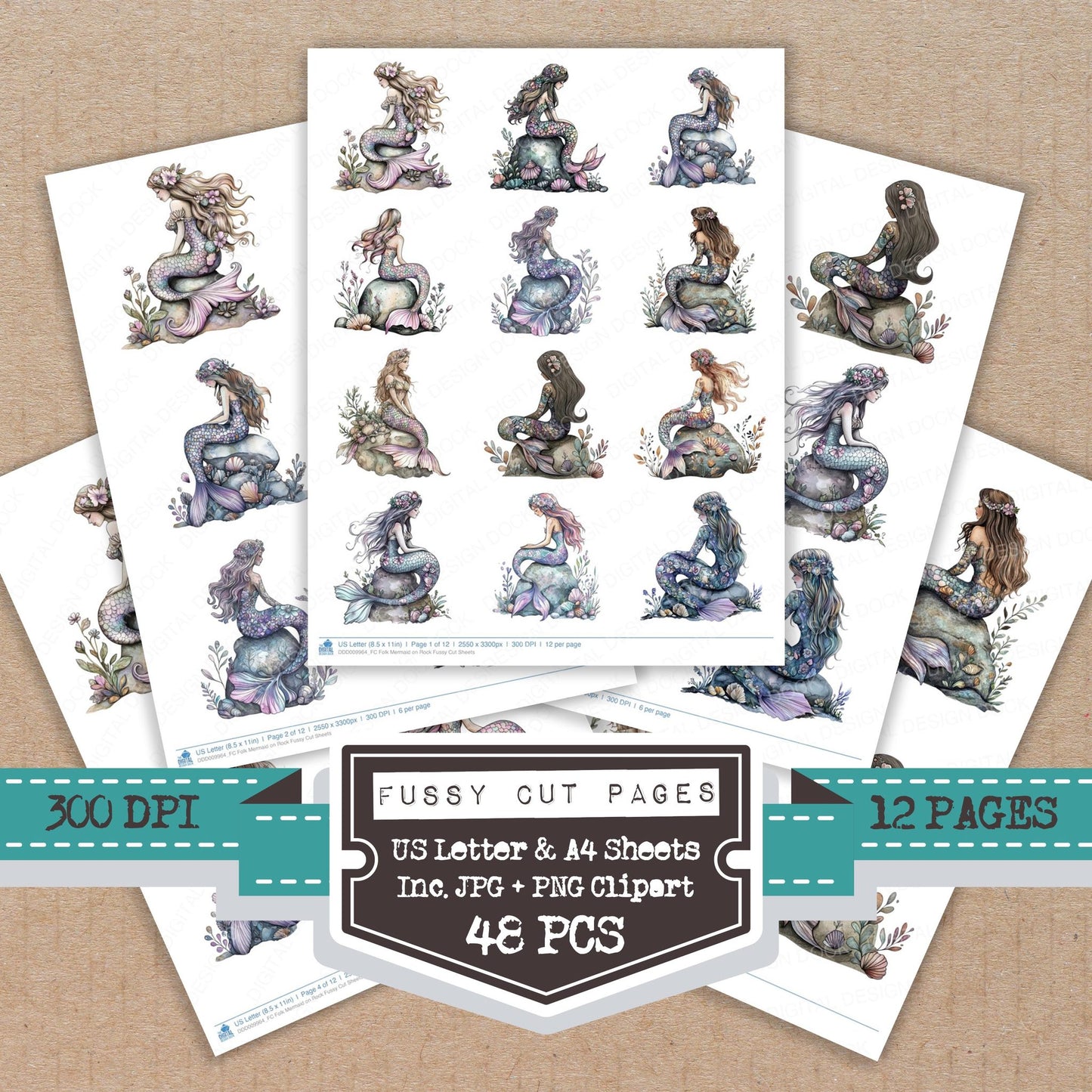 Folk Mermaid on Rock fussy cut printable sheets for junk journaling, scrapbooking, and paper craft projects