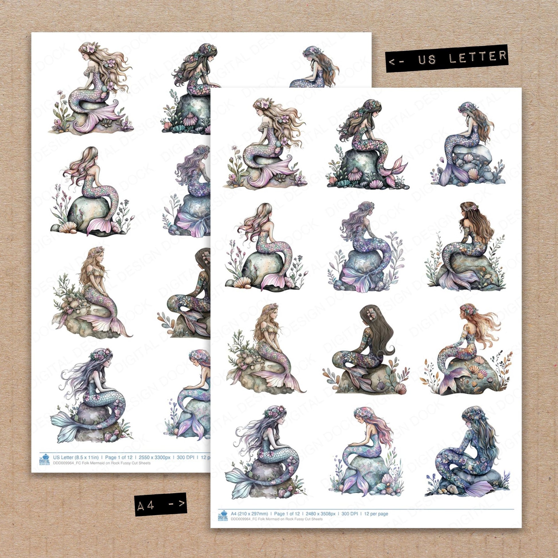 A4 and US Letter format comparison showing Folk Mermaid on Rock fussy cut pages for print and cut crafting