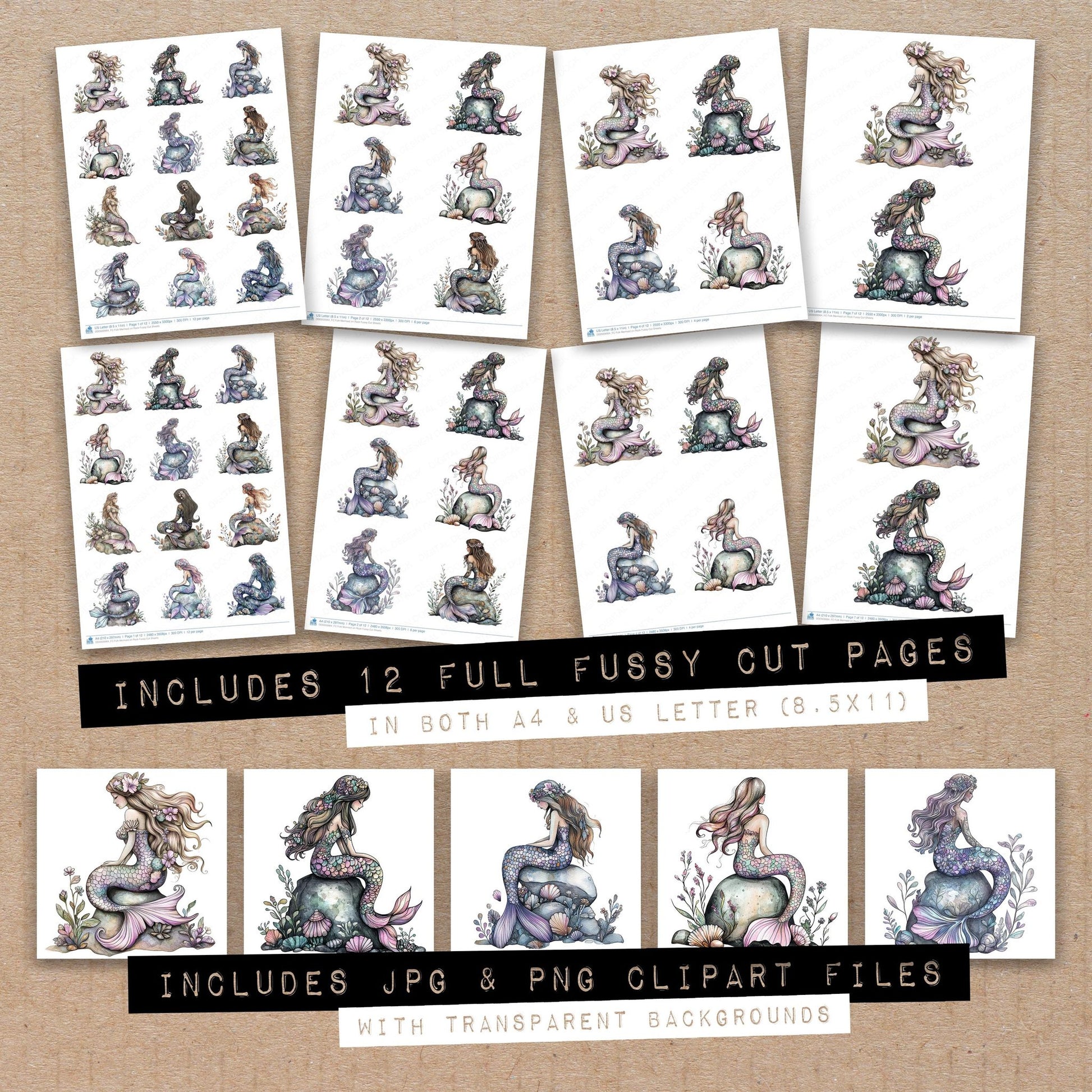 Full collection view of Folk Mermaid on Rock fussy cut sheets with bonus clipart JPG and PNG files