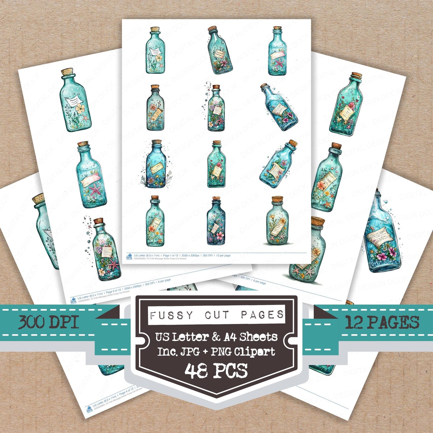 Folk Message Bottle fussy cut printable sheets for junk journaling, scrapbooking, and paper craft projects