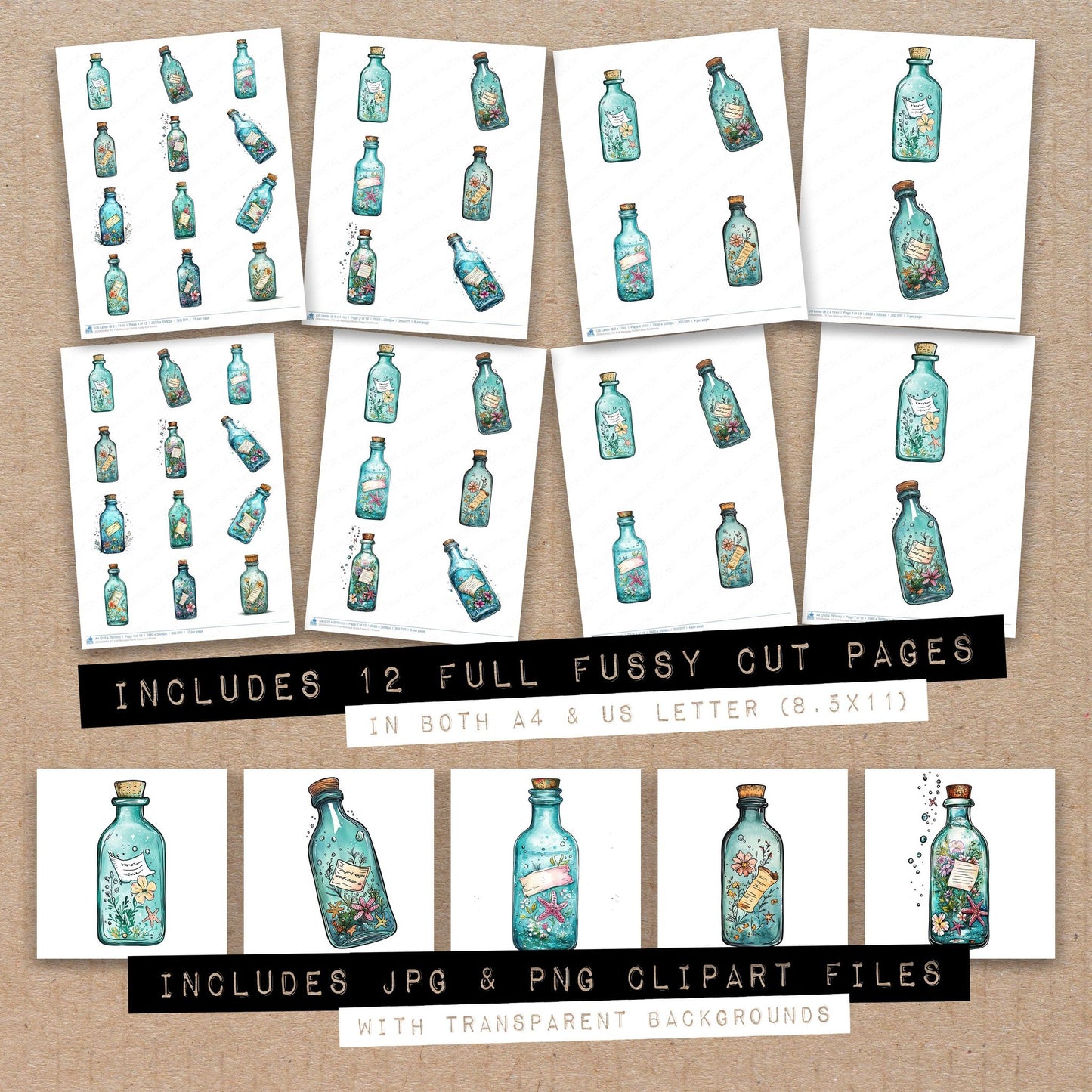 Full collection view of Folk Message Bottle fussy cut sheets with bonus clipart JPG and PNG files