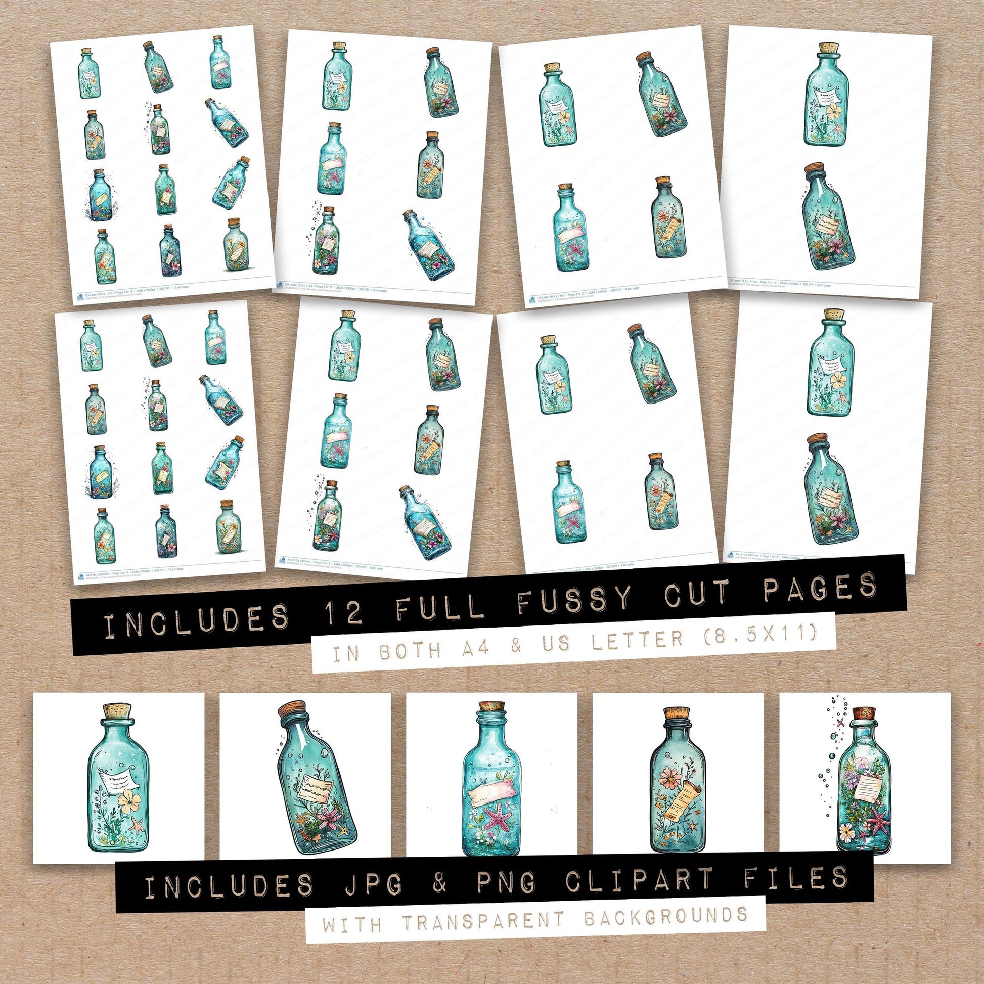 Full collection view of Folk Message Bottle fussy cut sheets with bonus clipart JPG and PNG files