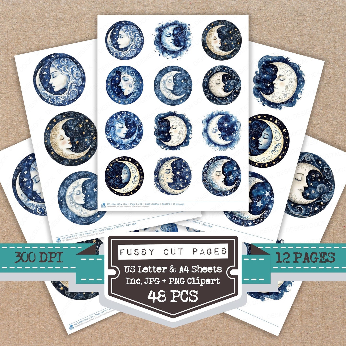 Folk Moon with Stars fussy cut printable sheets for junk journaling, scrapbooking, and paper craft projects