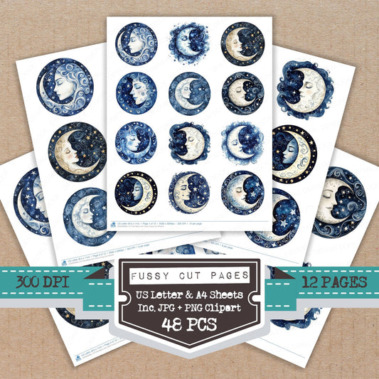 Folk Moon with Stars fussy cut printable sheets for junk journaling, scrapbooking, and paper craft projects