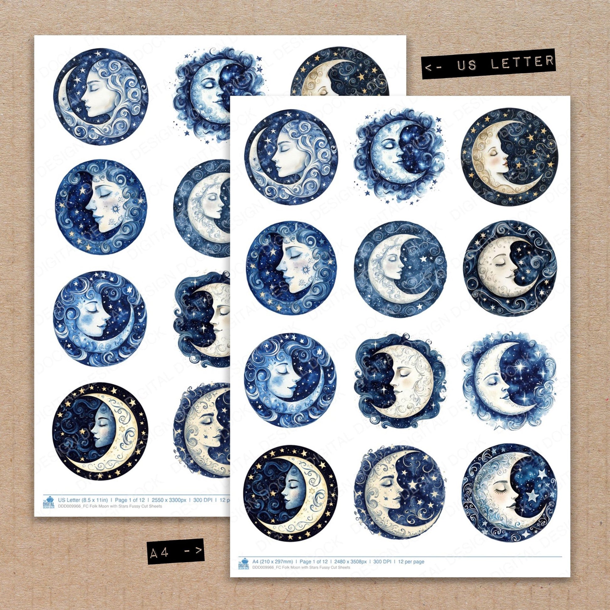 A4 and US Letter format comparison showing Folk Moon with Stars fussy cut pages for print and cut crafting