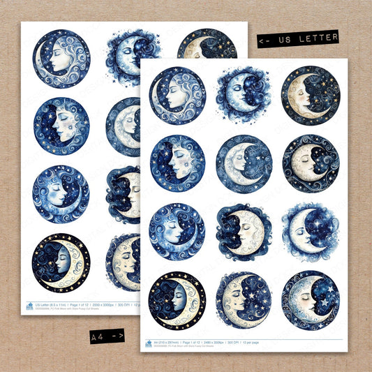 A4 and US Letter format comparison showing Folk Moon with Stars fussy cut pages for print and cut crafting