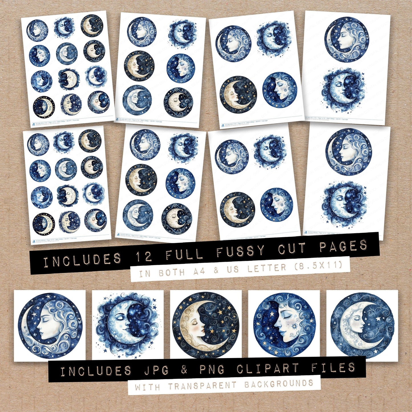 Full collection view of Folk Moon with Stars fussy cut sheets with bonus clipart JPG and PNG files