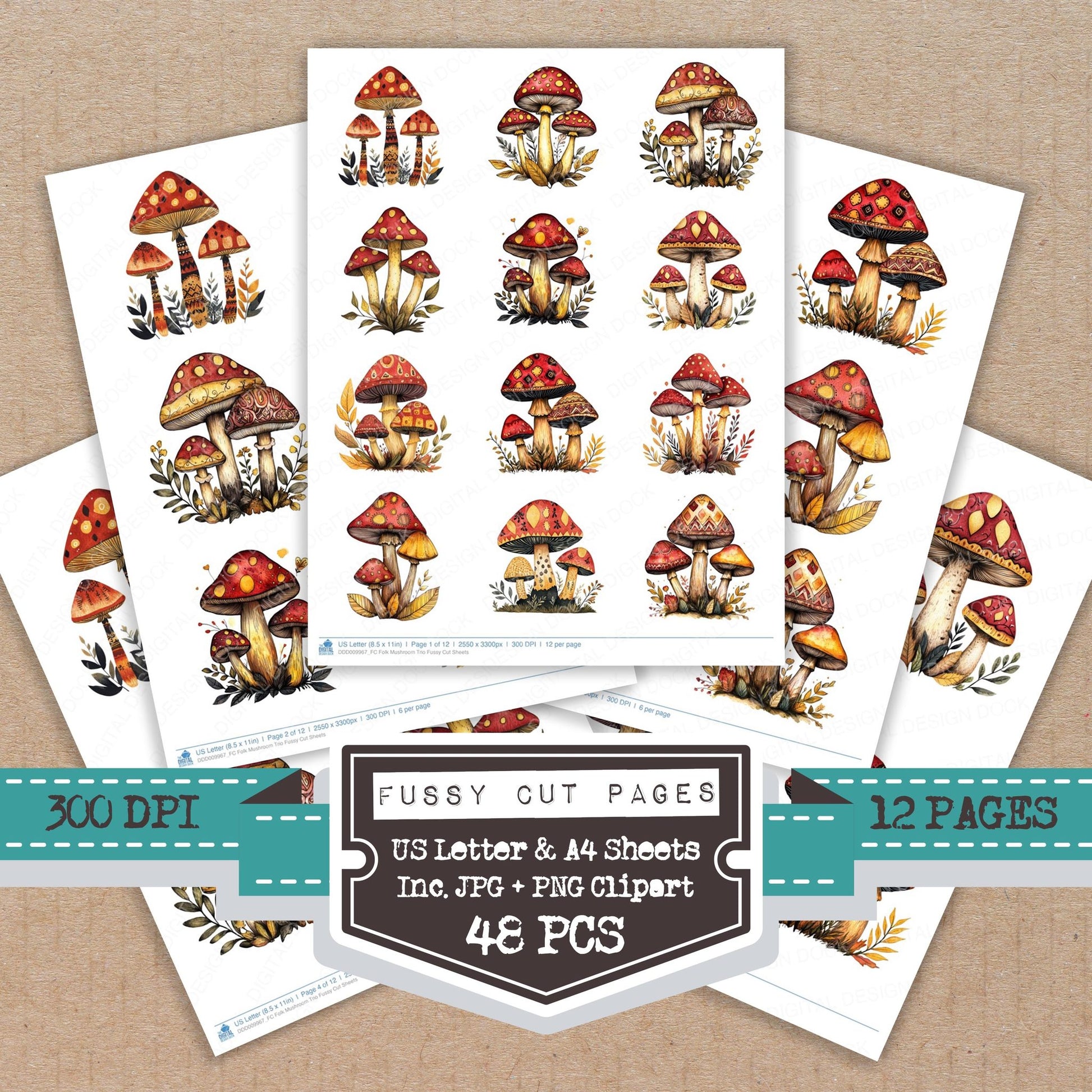 Folk Mushroom Trio fussy cut printable sheets for junk journaling, scrapbooking, and paper craft projects