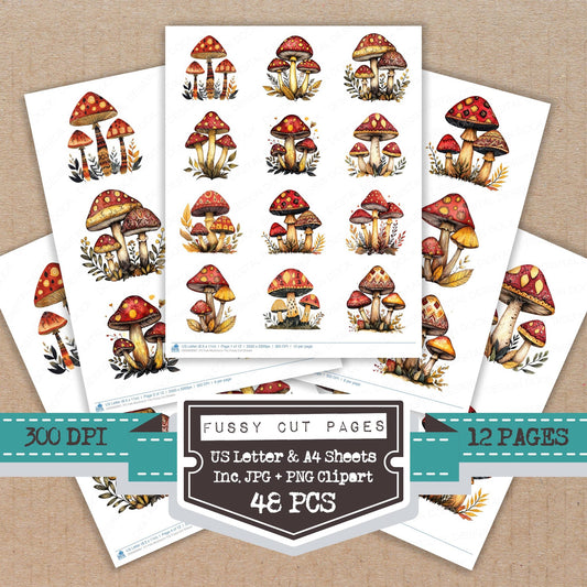 Folk Mushroom Trio fussy cut printable sheets for junk journaling, scrapbooking, and paper craft projects