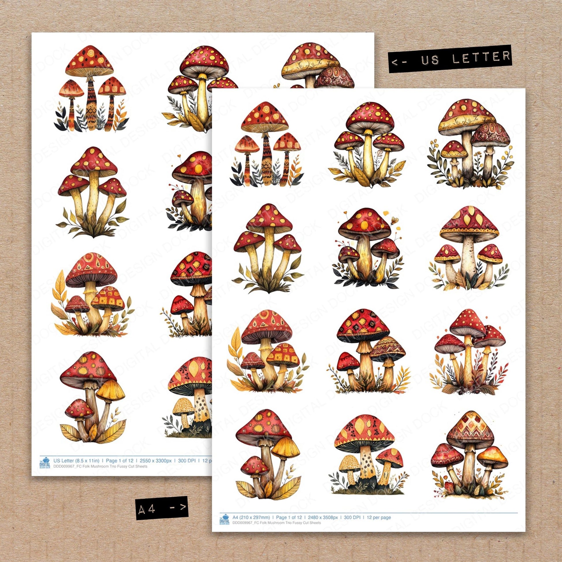 A4 and US Letter format comparison showing Folk Mushroom Trio fussy cut pages for print and cut crafting