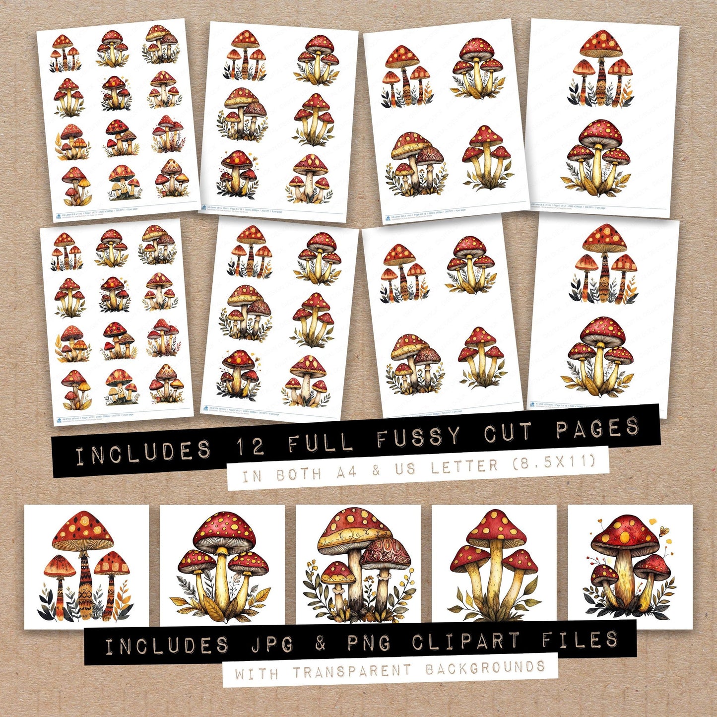 Full collection view of Folk Mushroom Trio fussy cut sheets with bonus clipart JPG and PNG files