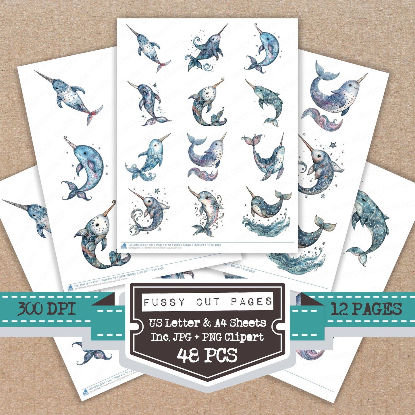 Folk Narwhal with Stars fussy cut printable sheets for junk journaling, scrapbooking, and paper craft projects