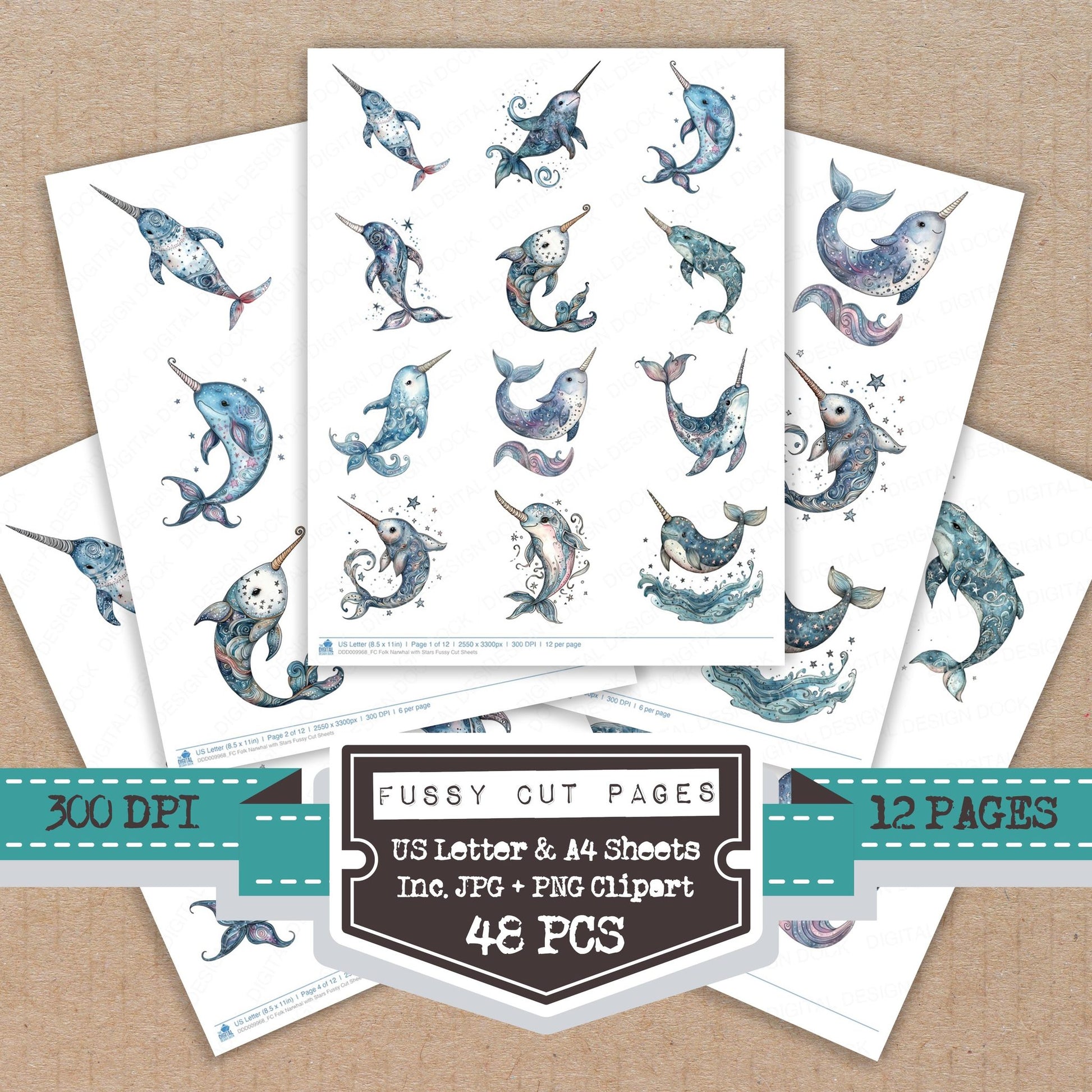 Folk Narwhal with Stars fussy cut printable sheets for junk journaling, scrapbooking, and paper craft projects
