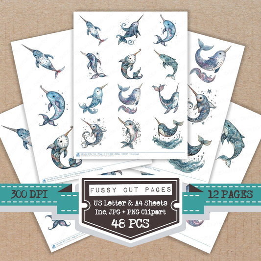 Folk Narwhal with Stars fussy cut printable sheets for junk journaling, scrapbooking, and paper craft projects