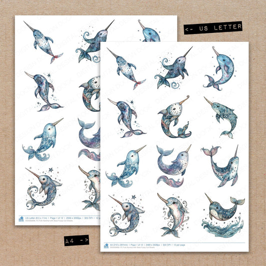 A4 and US Letter format comparison showing Folk Narwhal with Stars fussy cut pages for print and cut crafting