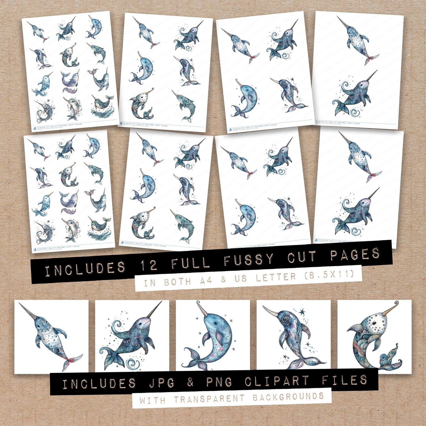 Full collection view of Folk Narwhal with Stars fussy cut sheets with bonus clipart JPG and PNG files