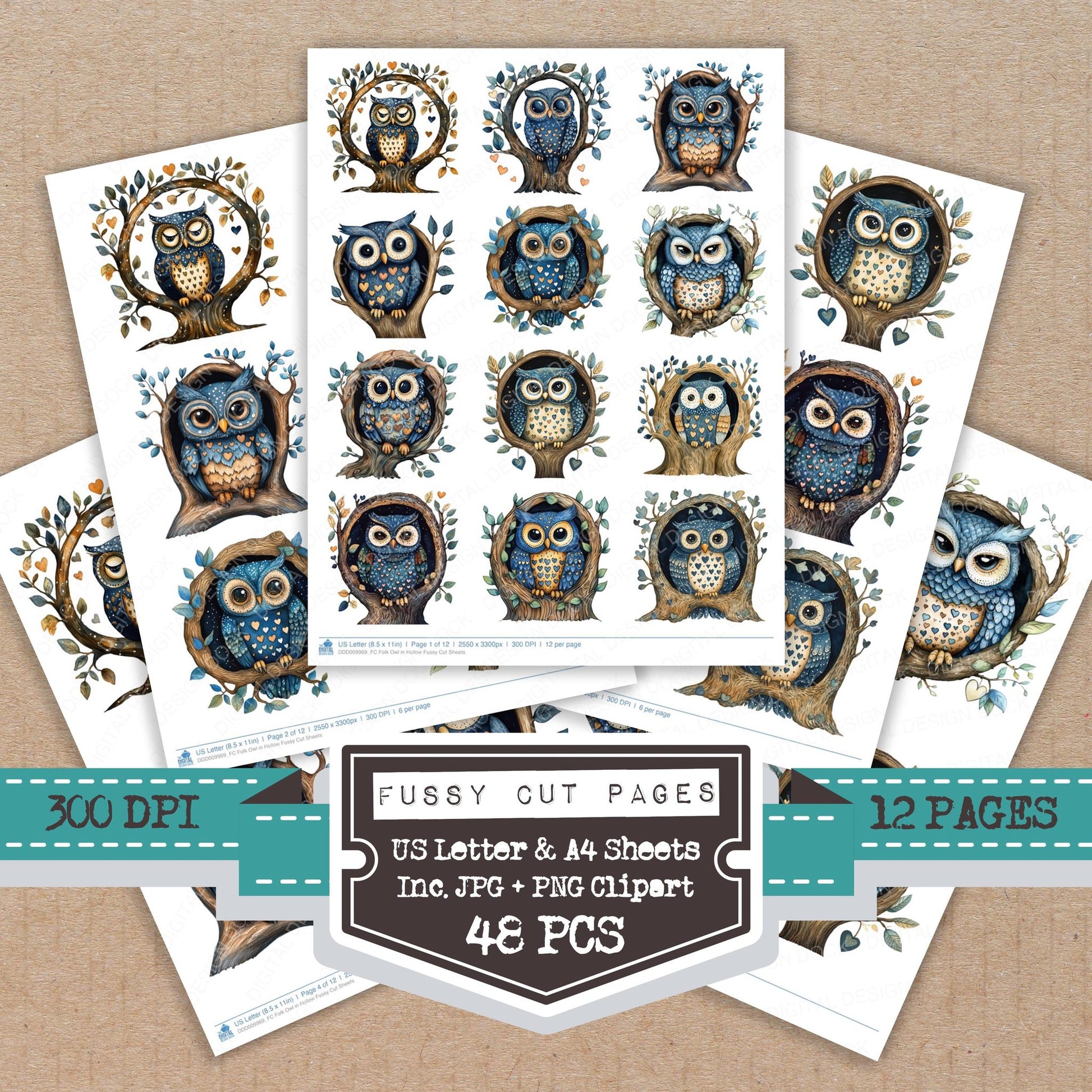 Folk Owl in Hollow fussy cut printable sheets for junk journaling, scrapbooking, and paper craft projects