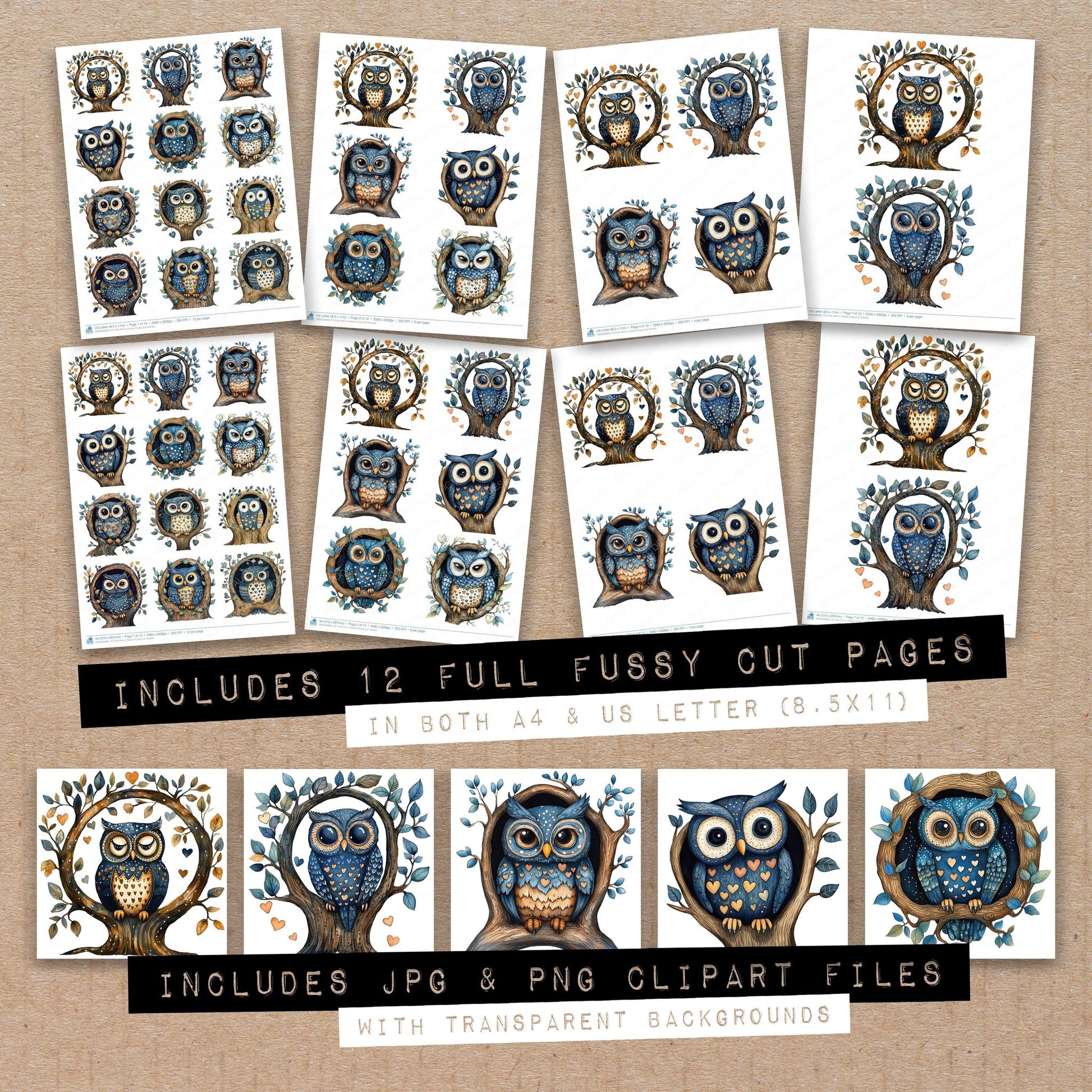 Full collection view of Folk Owl in Hollow fussy cut sheets with bonus clipart JPG and PNG files